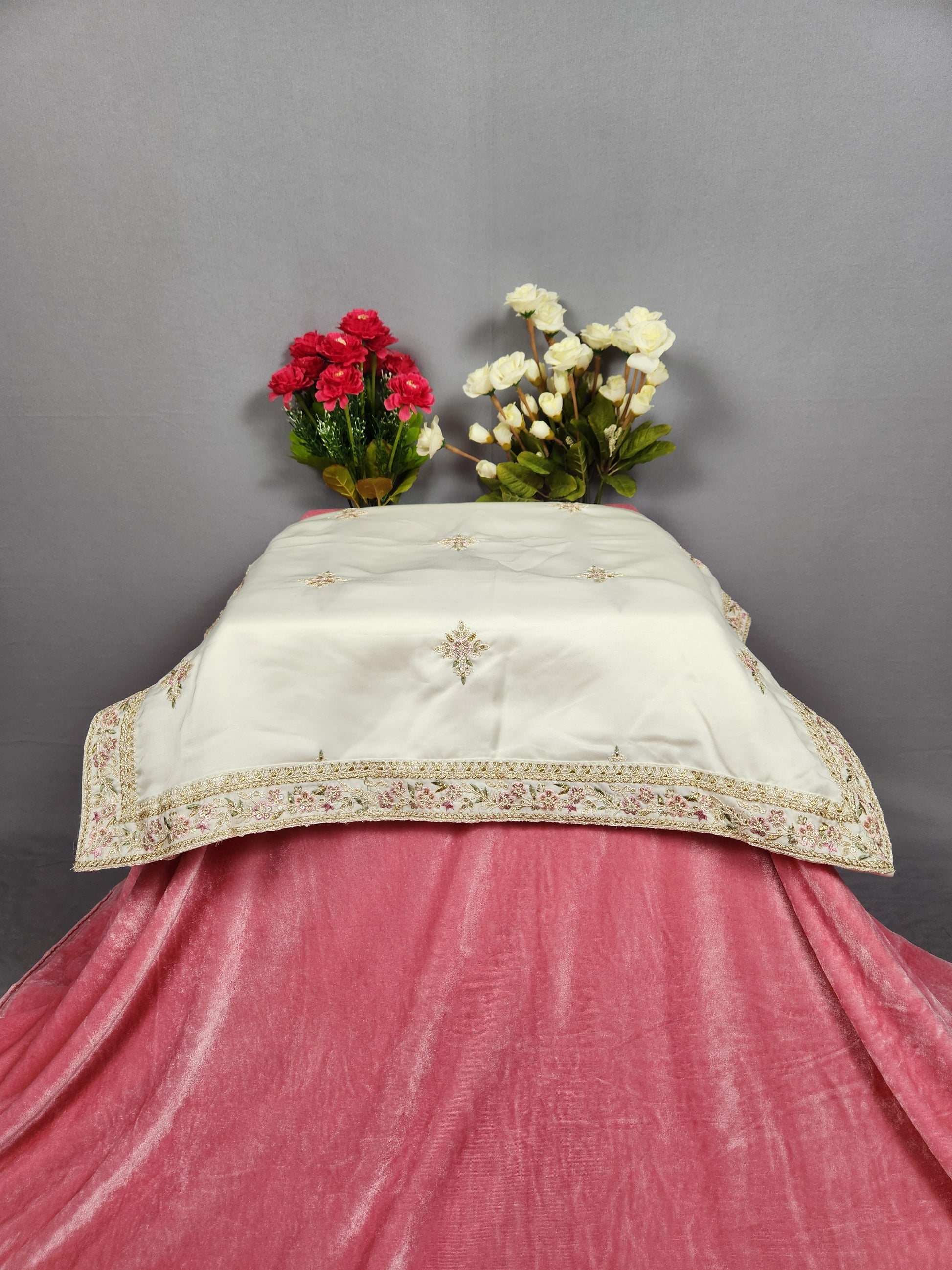 White Groom Turban Shawl With Pink Green Accent