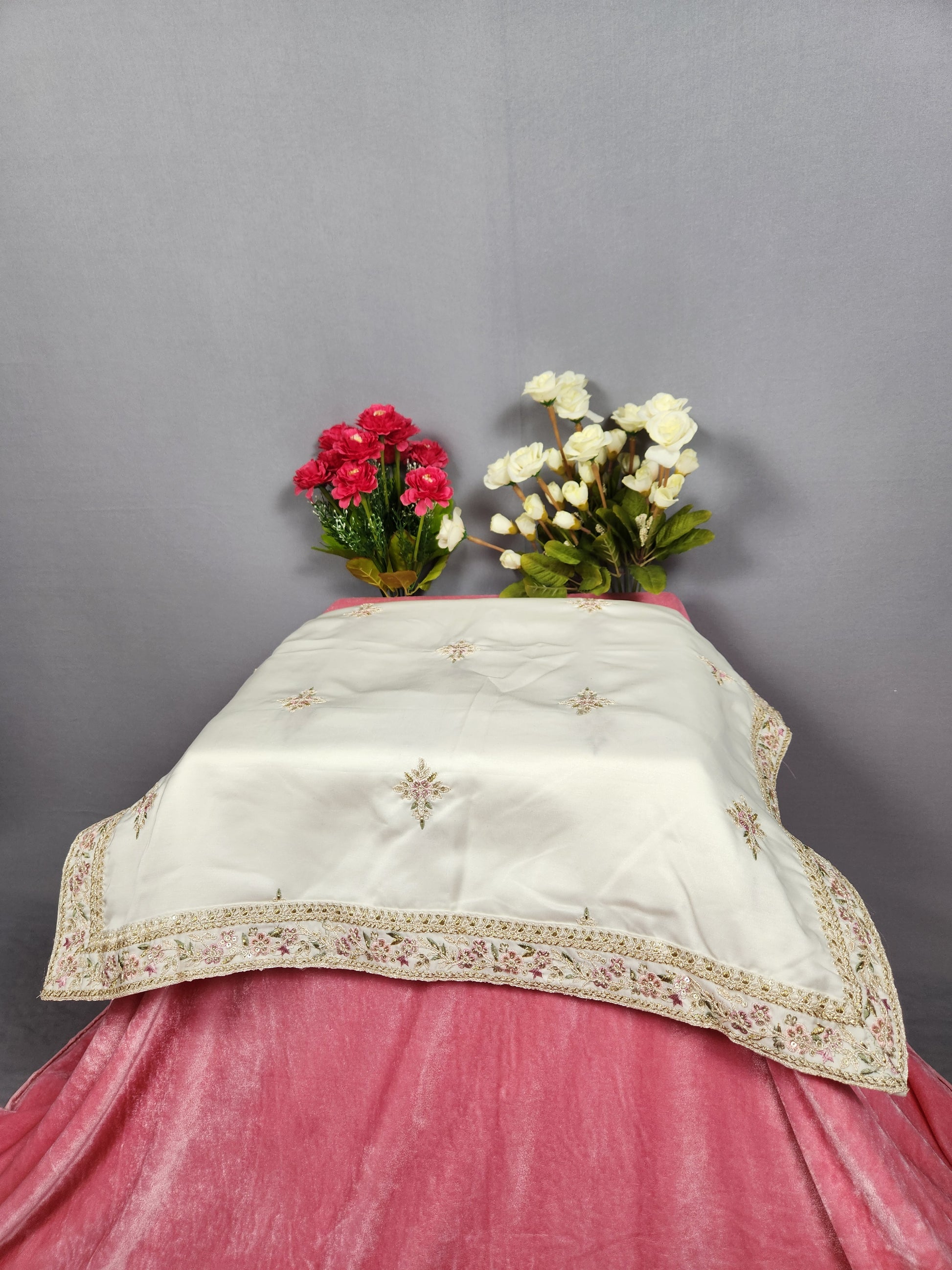White Groom Turban Shawl With Pink Green Accent