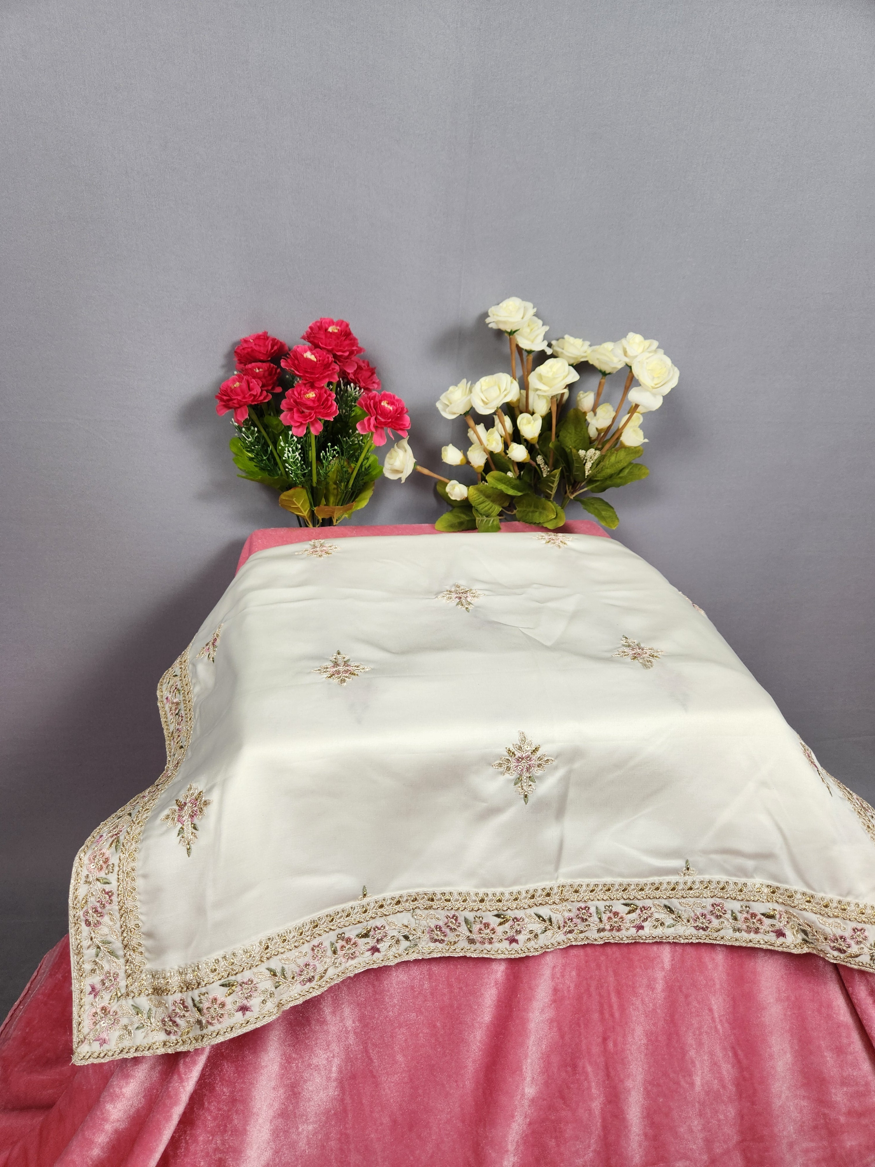 White Groom Turban Shawl With Pink Green Accent | Dupatta Safa Set For Men