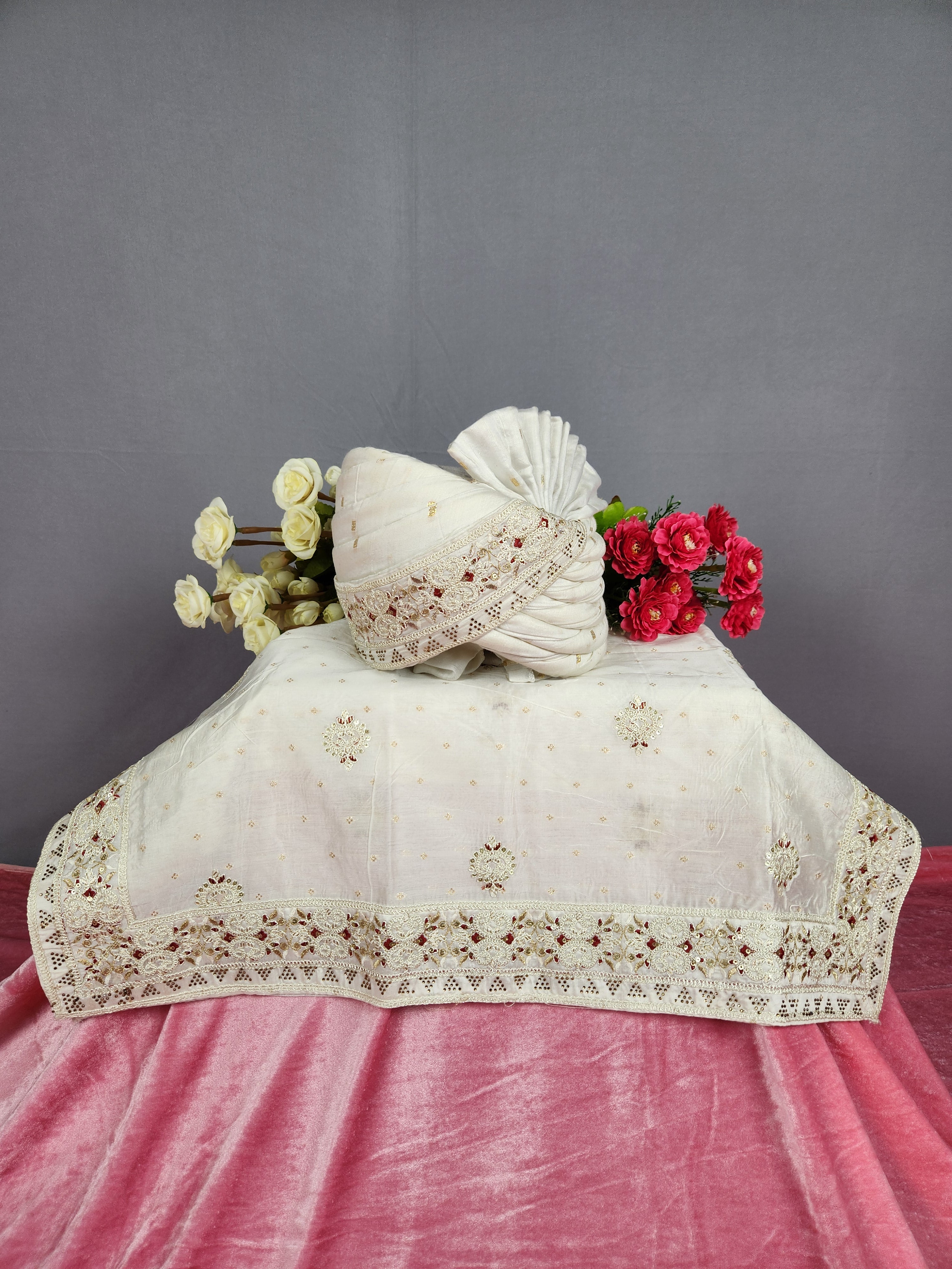 White Groom Turban Shawl Set Red Accent