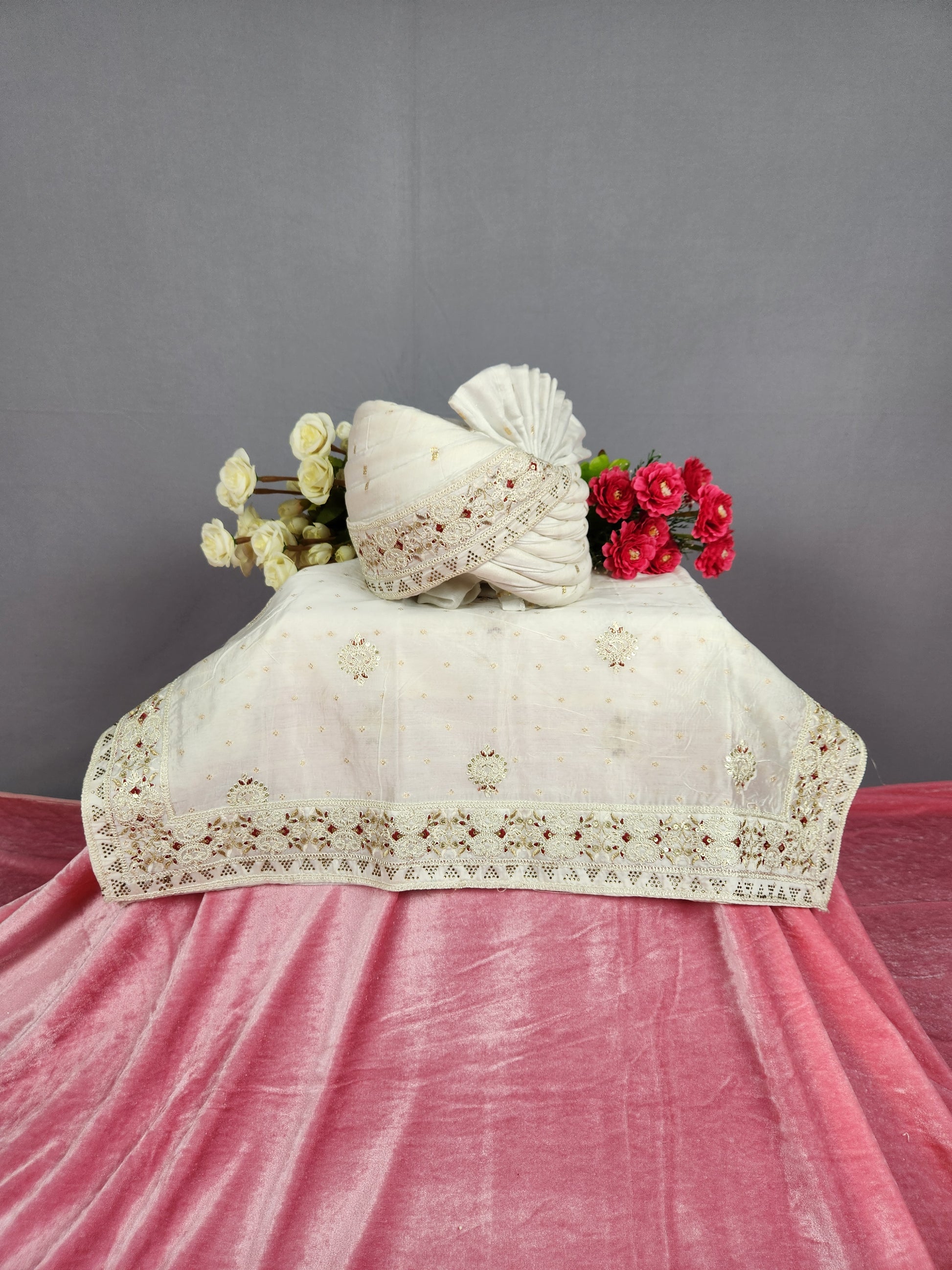 White Groom Turban Shawl Set Red Accent