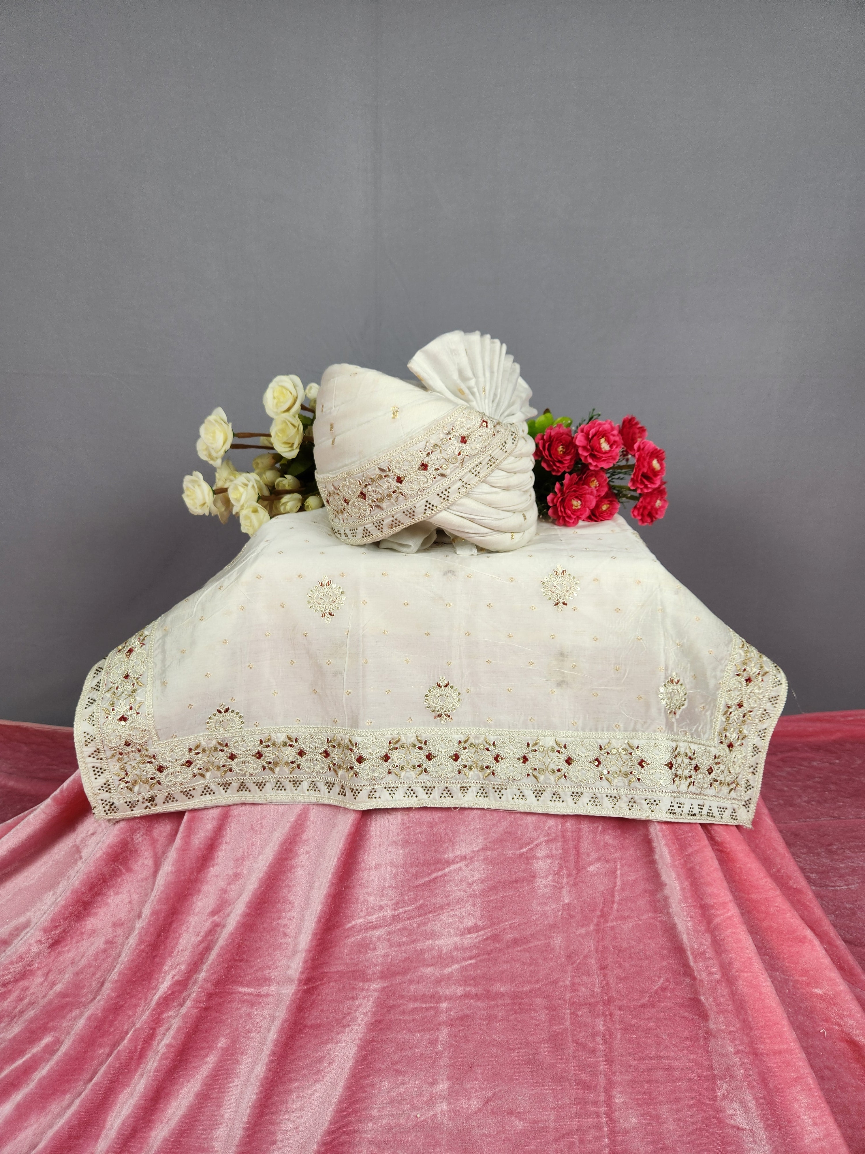 White Groom Turban Shawl Set Red Accent