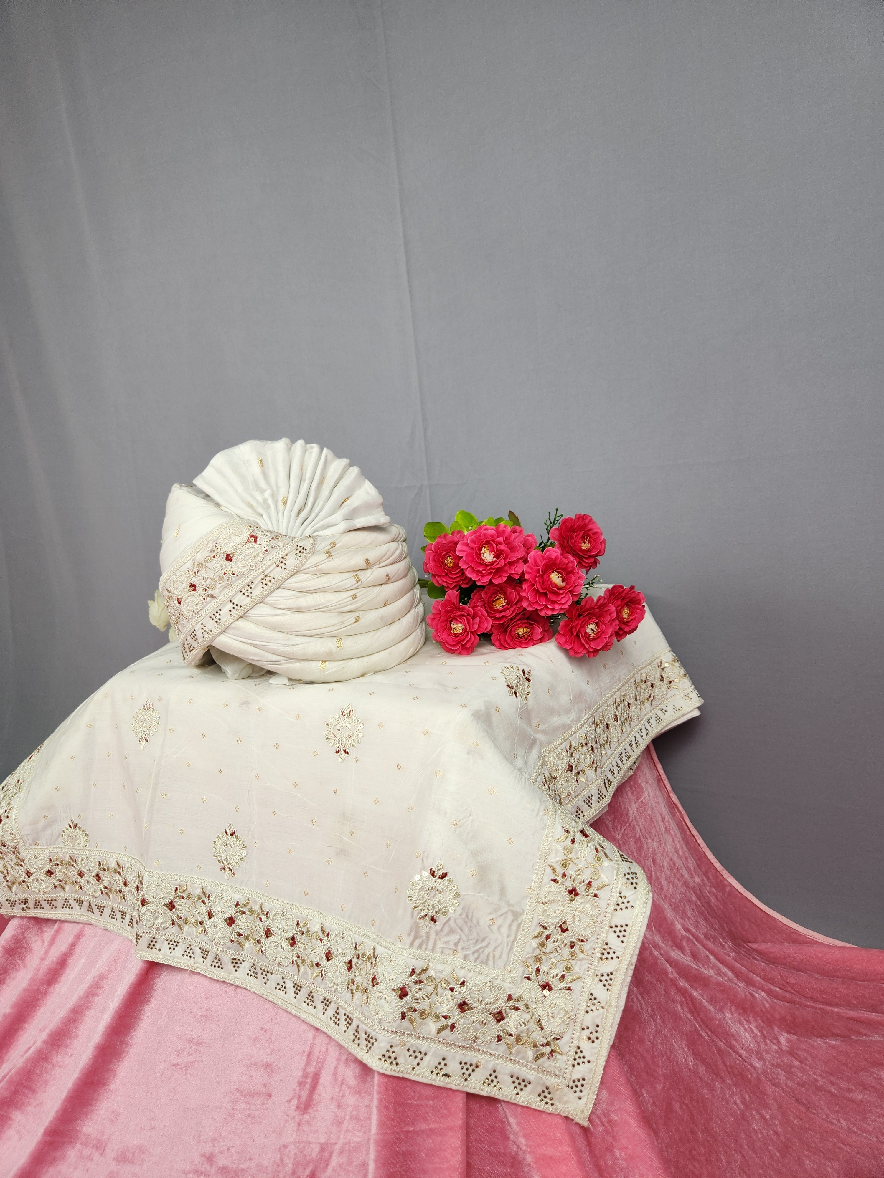 White Groom Turban Shawl Set Red Accent |  Dupatta Safa Set For Men