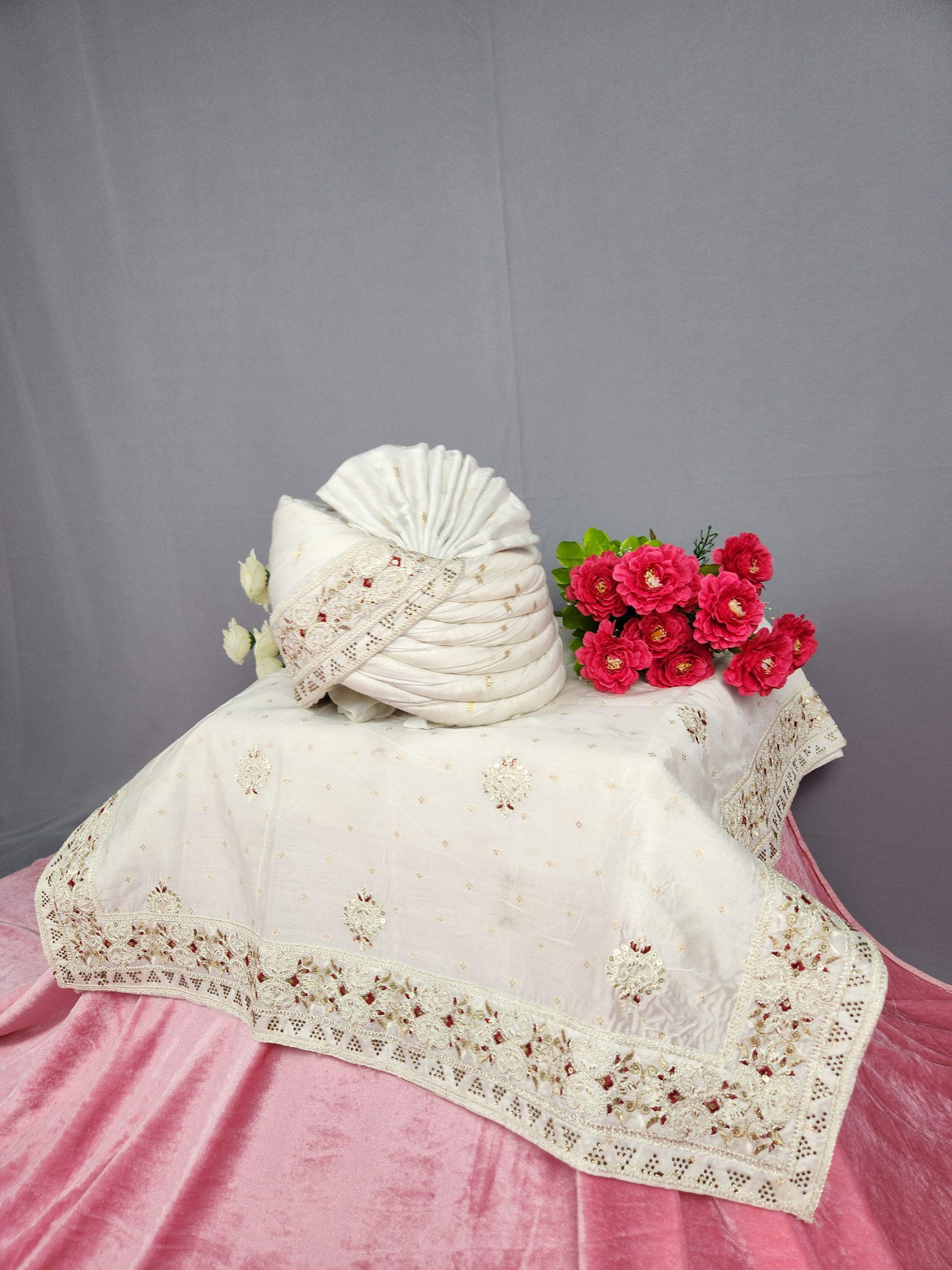 White Groom Turban Shawl Set Red Accent