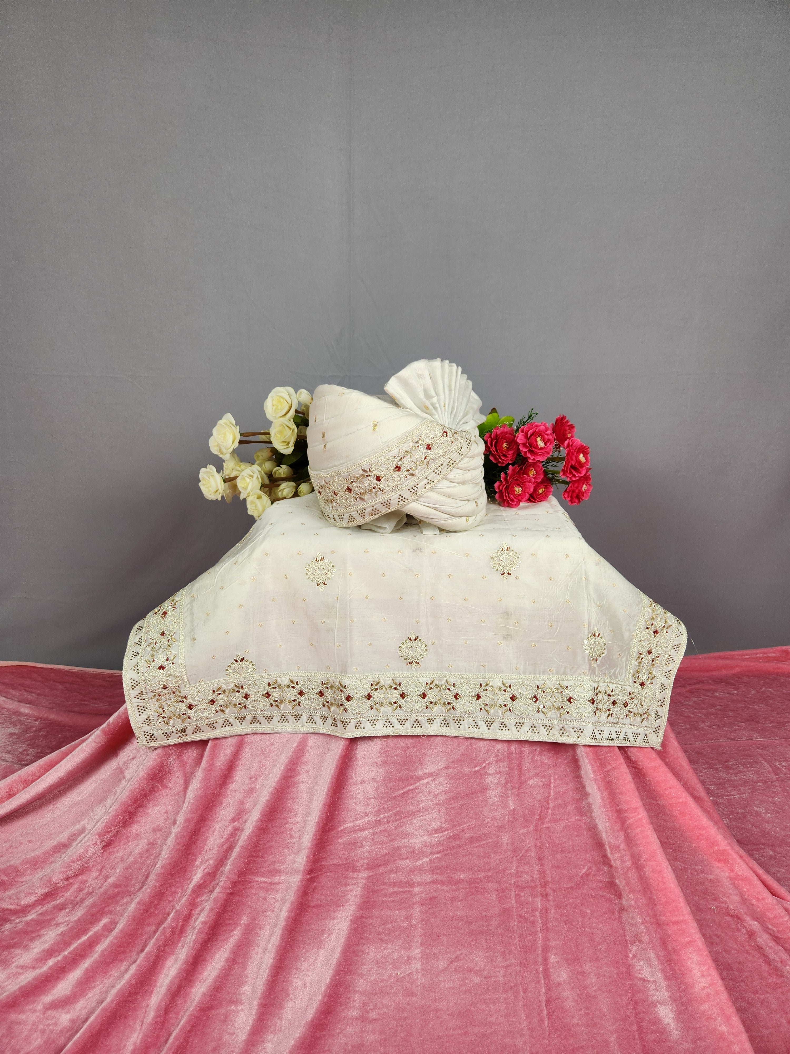 White Groom Turban Shawl Set Red Accent |  Dupatta Safa Set For Men