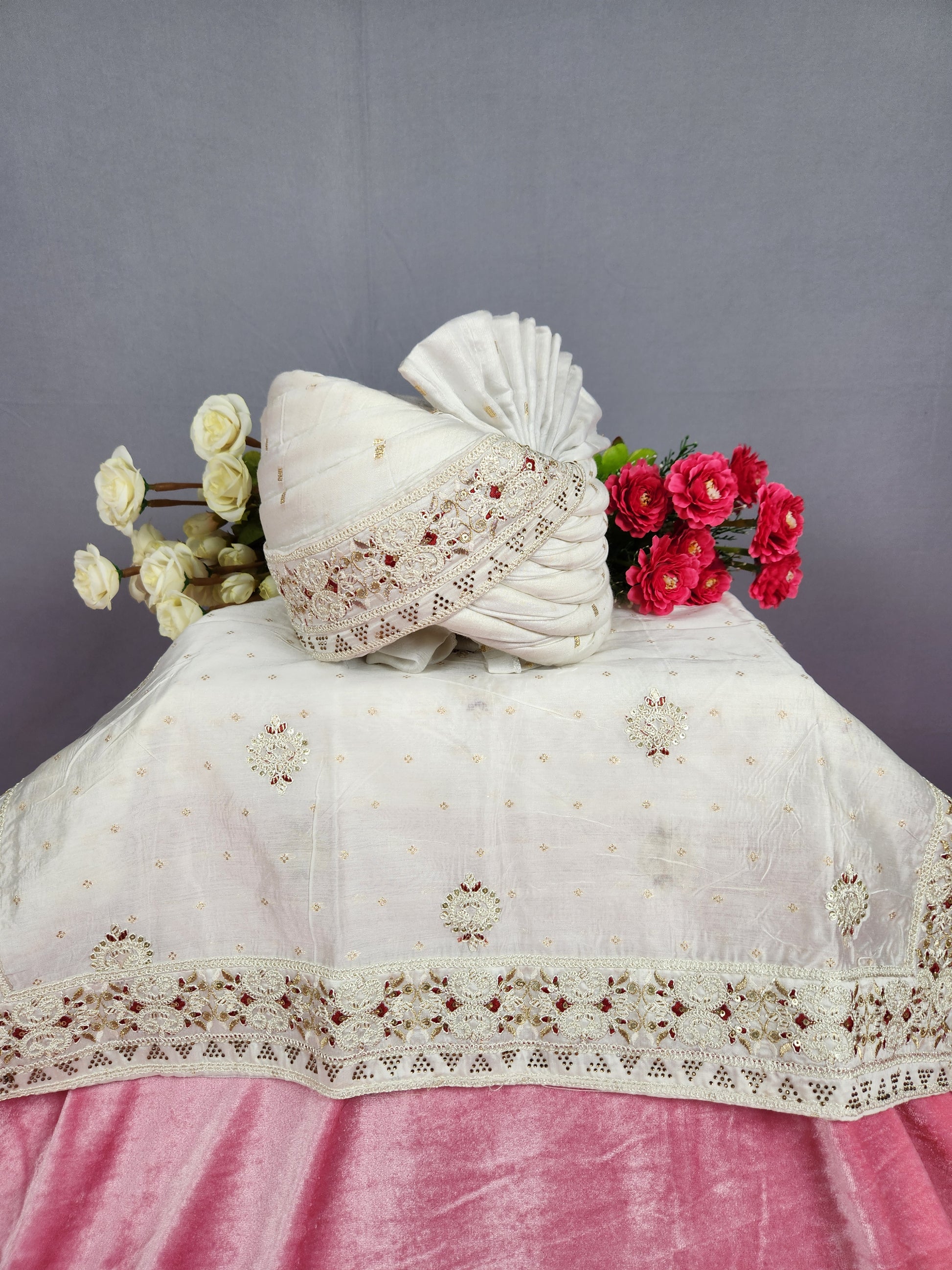 White Groom Turban Shawl Set Red Accent