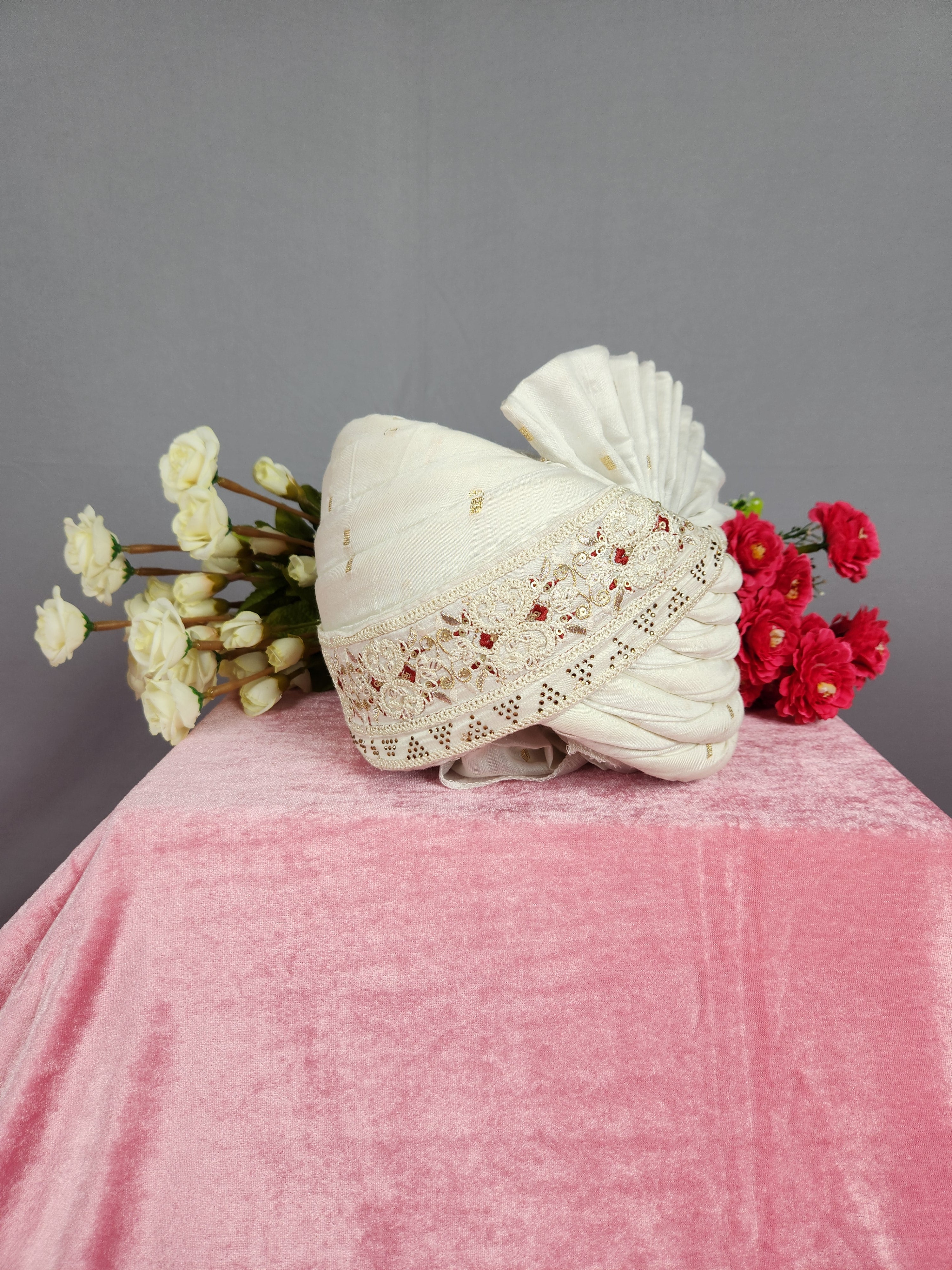 White Groom Turban With Red Accent| Indian Wedding Safa