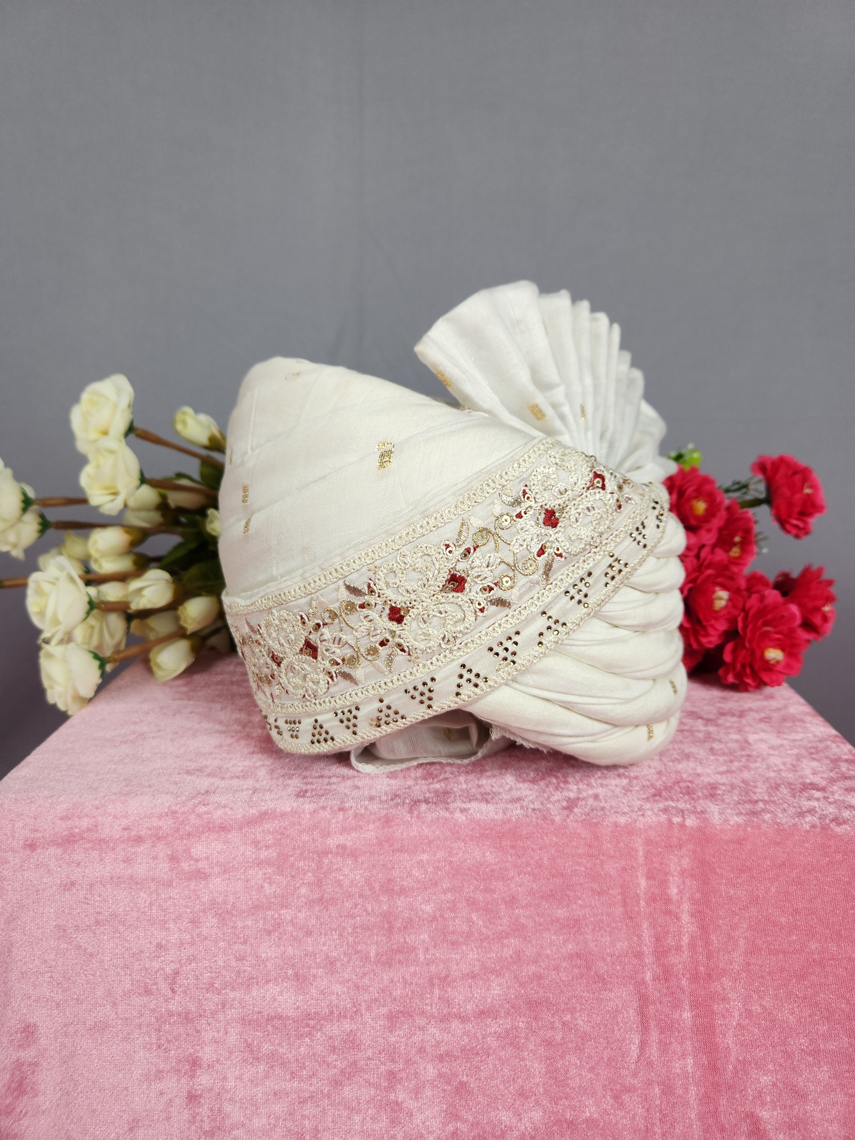 White Groom Turban With Red Accent| Indian Wedding Safa