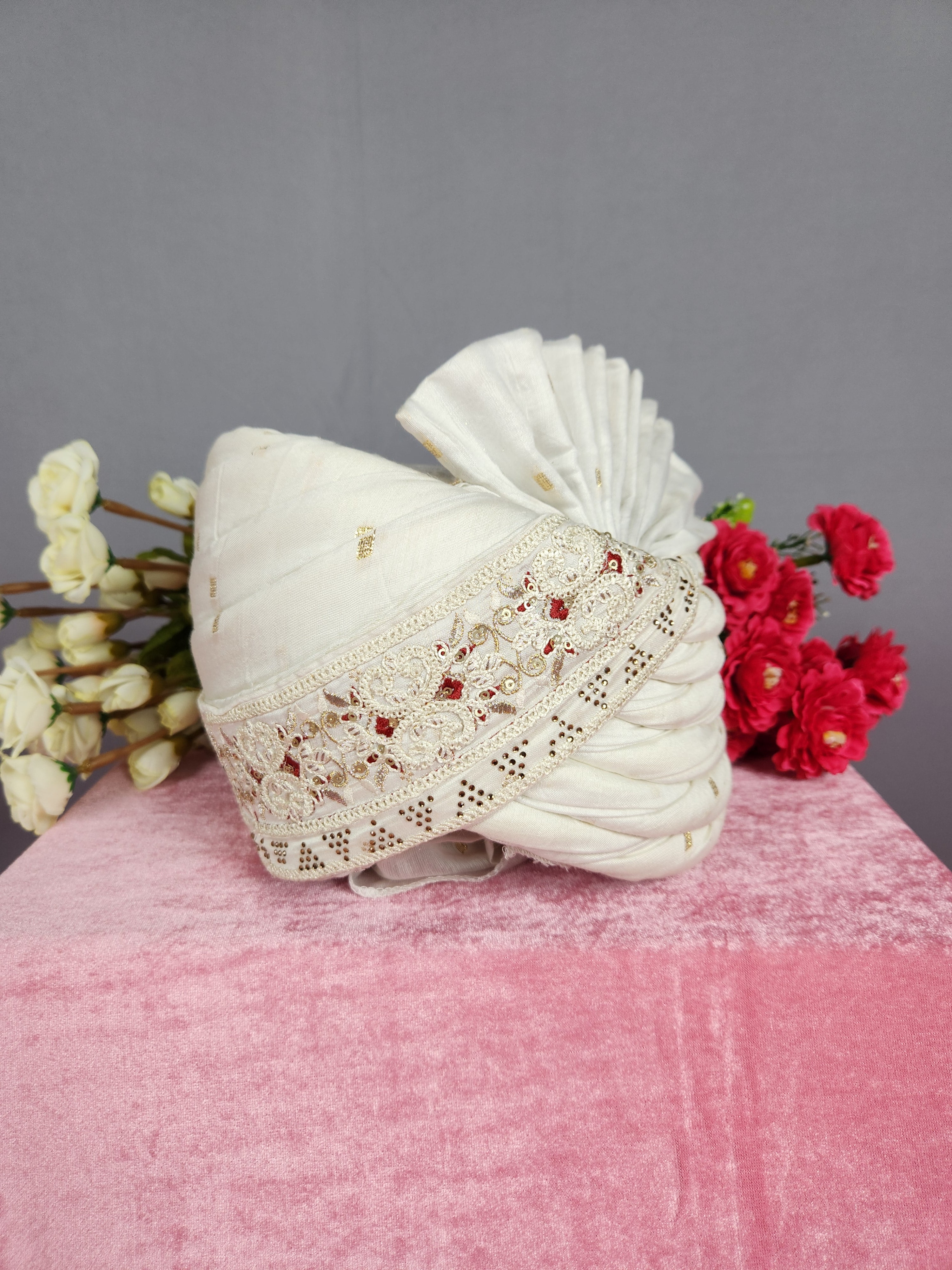 White Groom Turban With Red Accent| Indian Wedding Safa