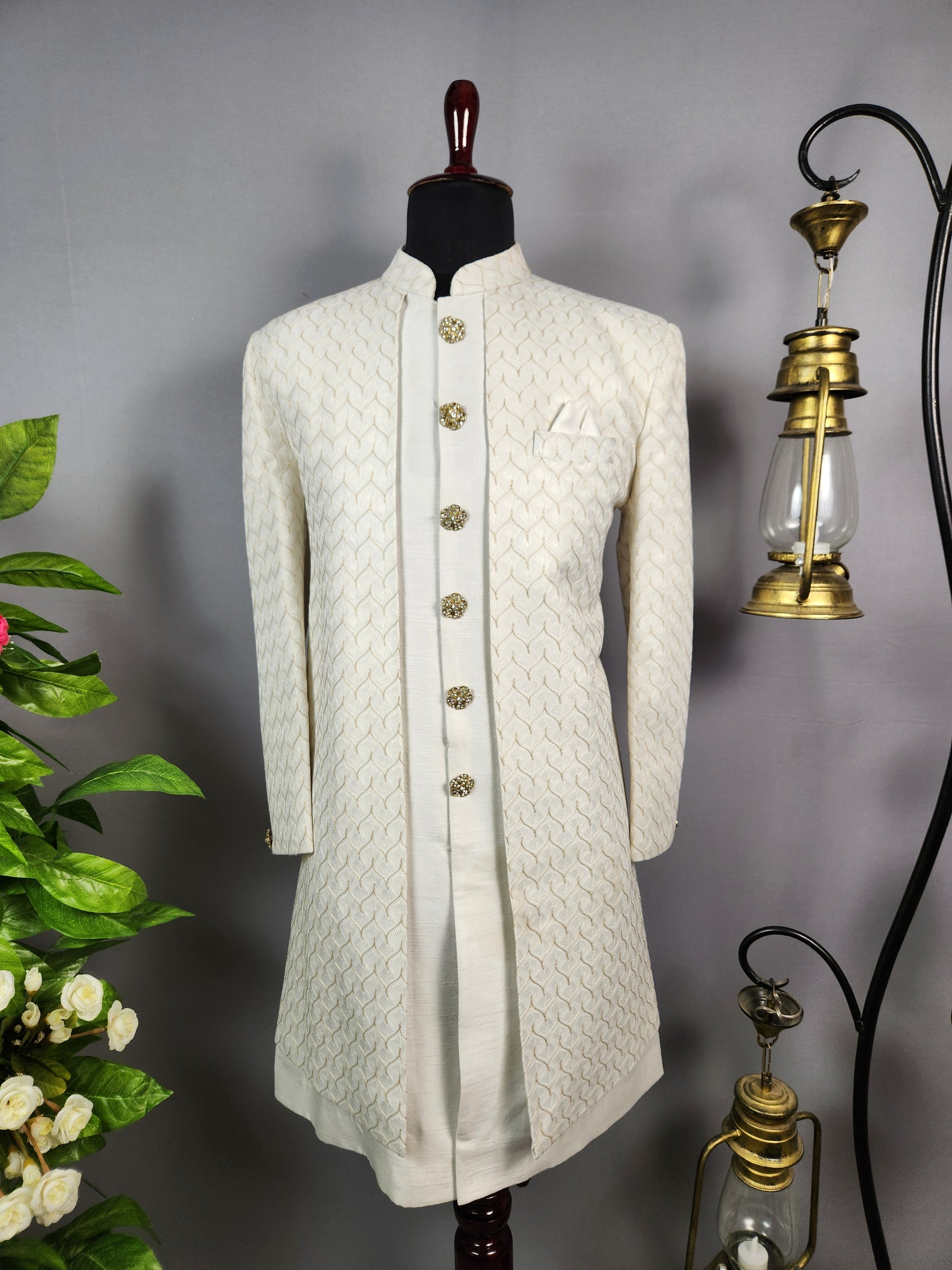 White Indo-Western Sherwani for Groom  -   Indian Wedding Outfit for Men