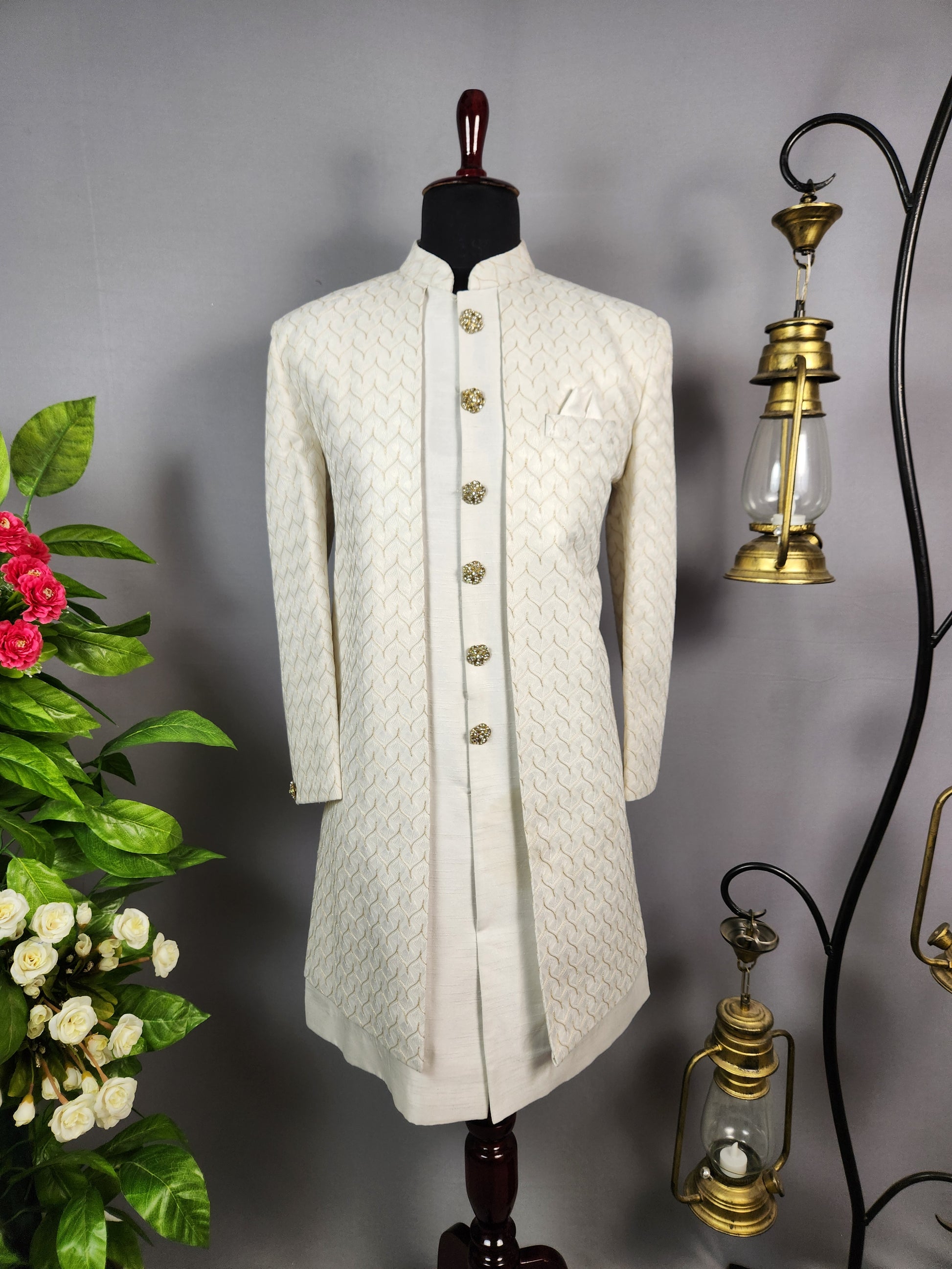 White Indo-Western Sherwani for Groom  -   Indian Wedding Outfit for Men