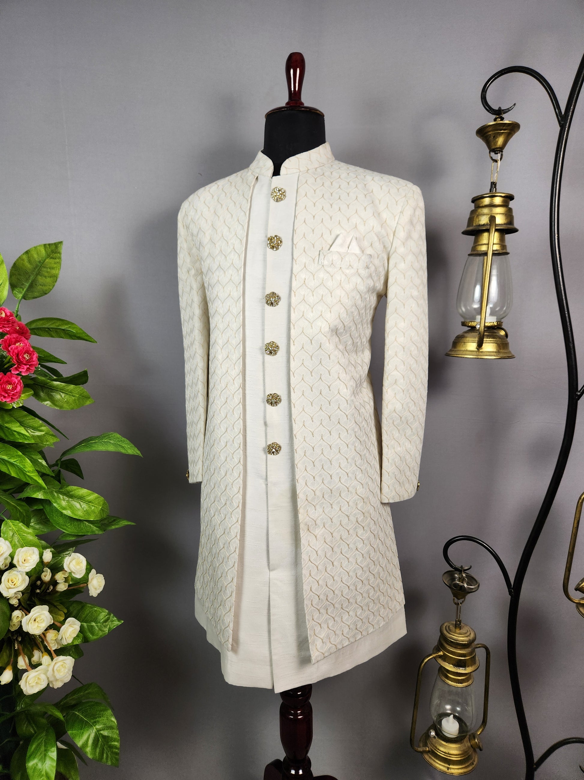 White Indo-Western Sherwani for Groom  -   Indian Wedding Outfit for Men