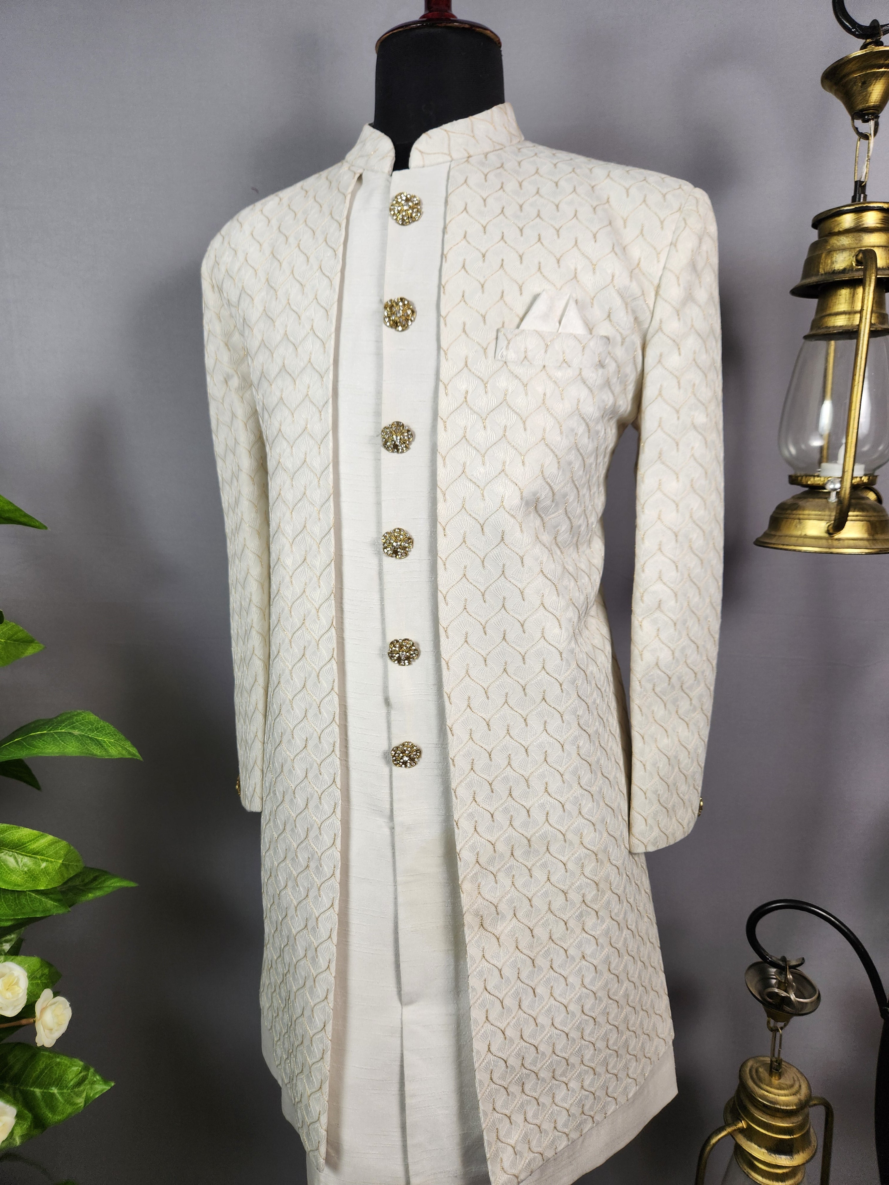 White Indo-Western Sherwani for Groom  -   Indian Wedding Outfit for Men