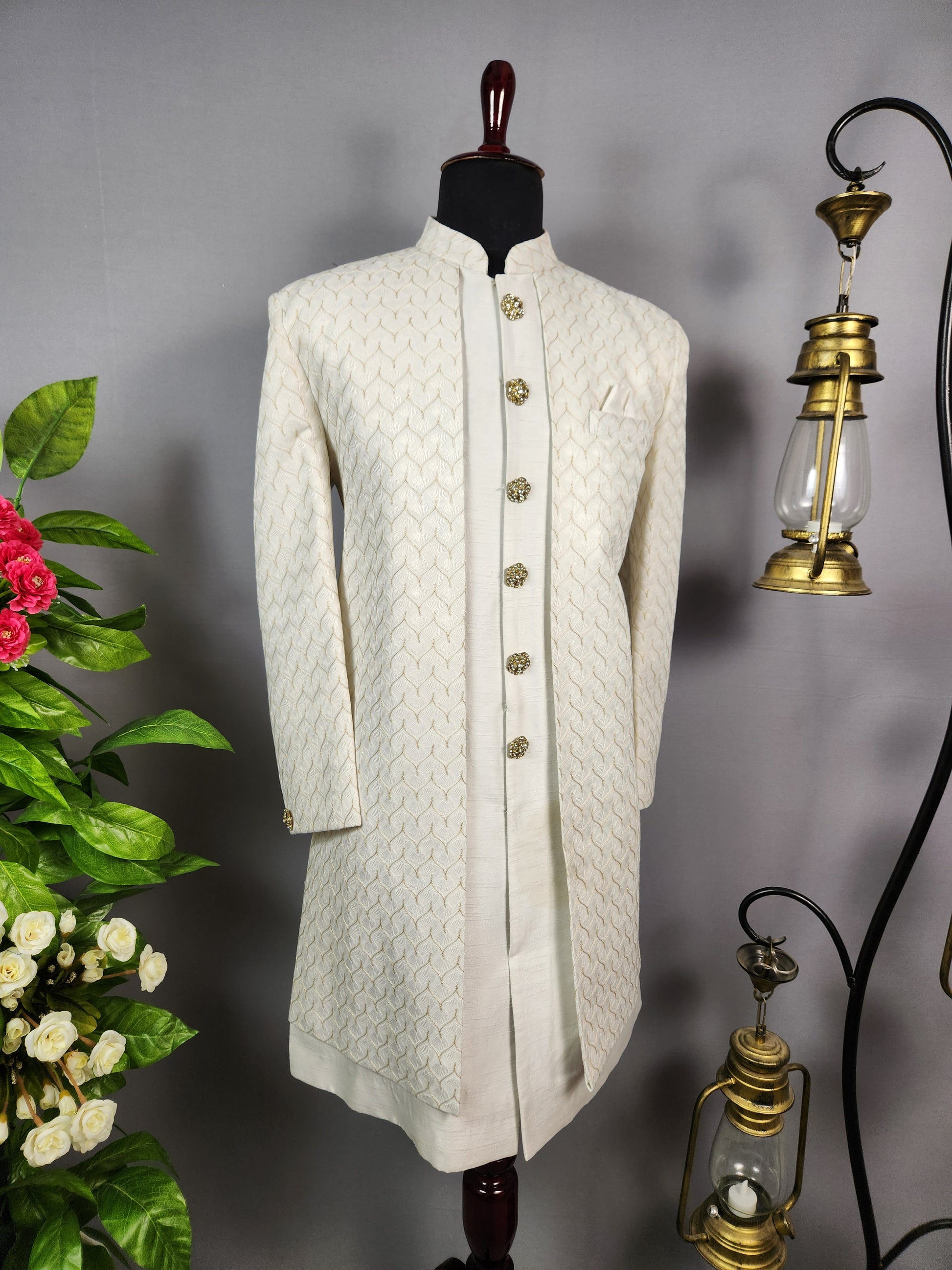 White Indo-Western Sherwani for Groom  -   Indian Wedding Outfit for Men