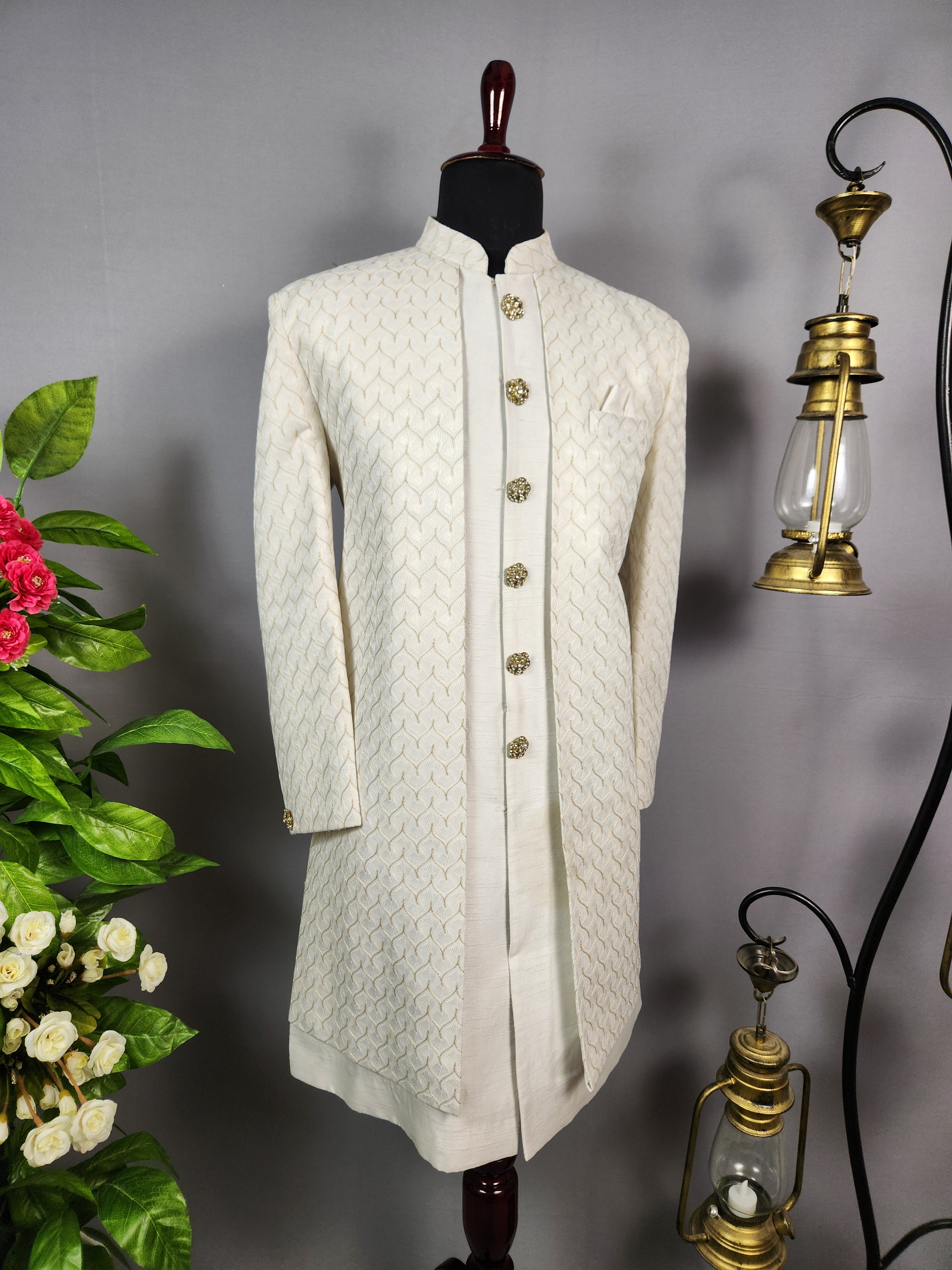White Indo-Western Sherwani for Groom  -   Indian Wedding Outfit for Men