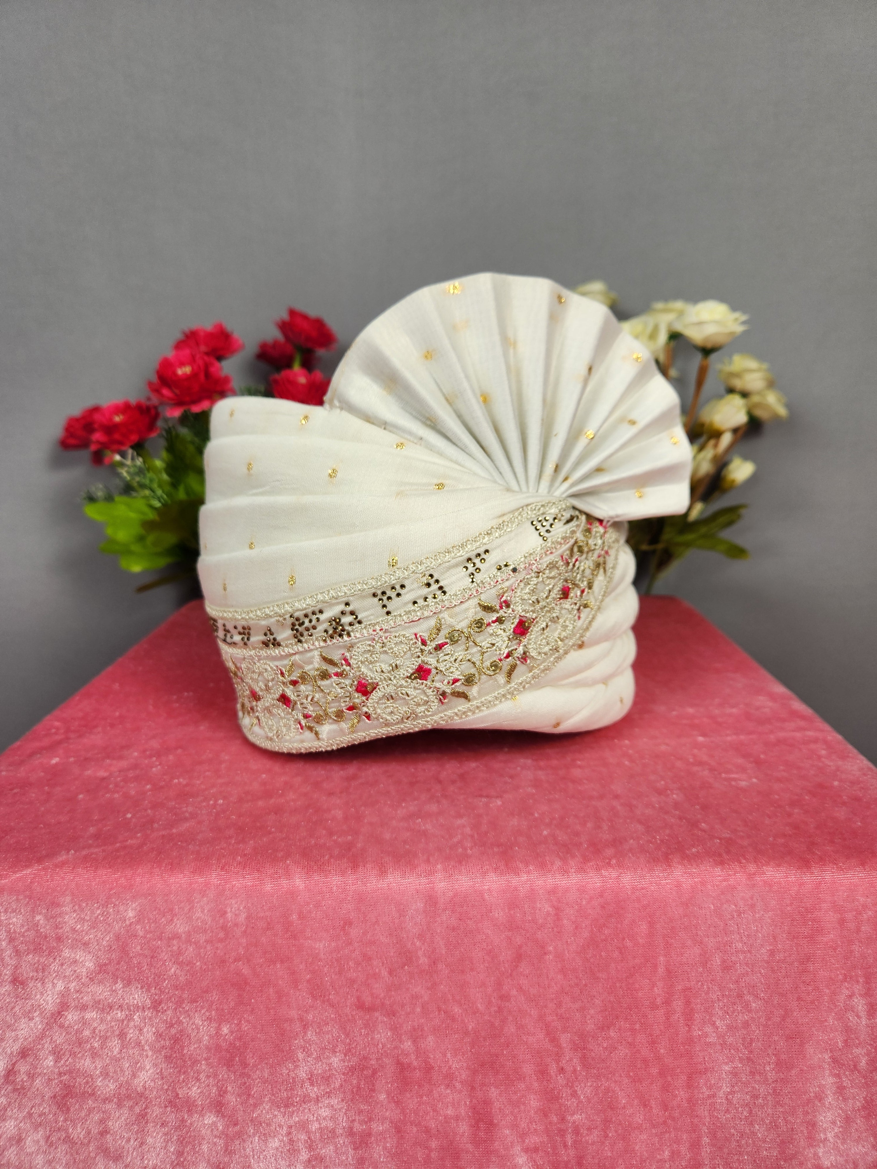 White Groom Turban Shawl With Magenta Accent | Dupatta Safa Set For Men