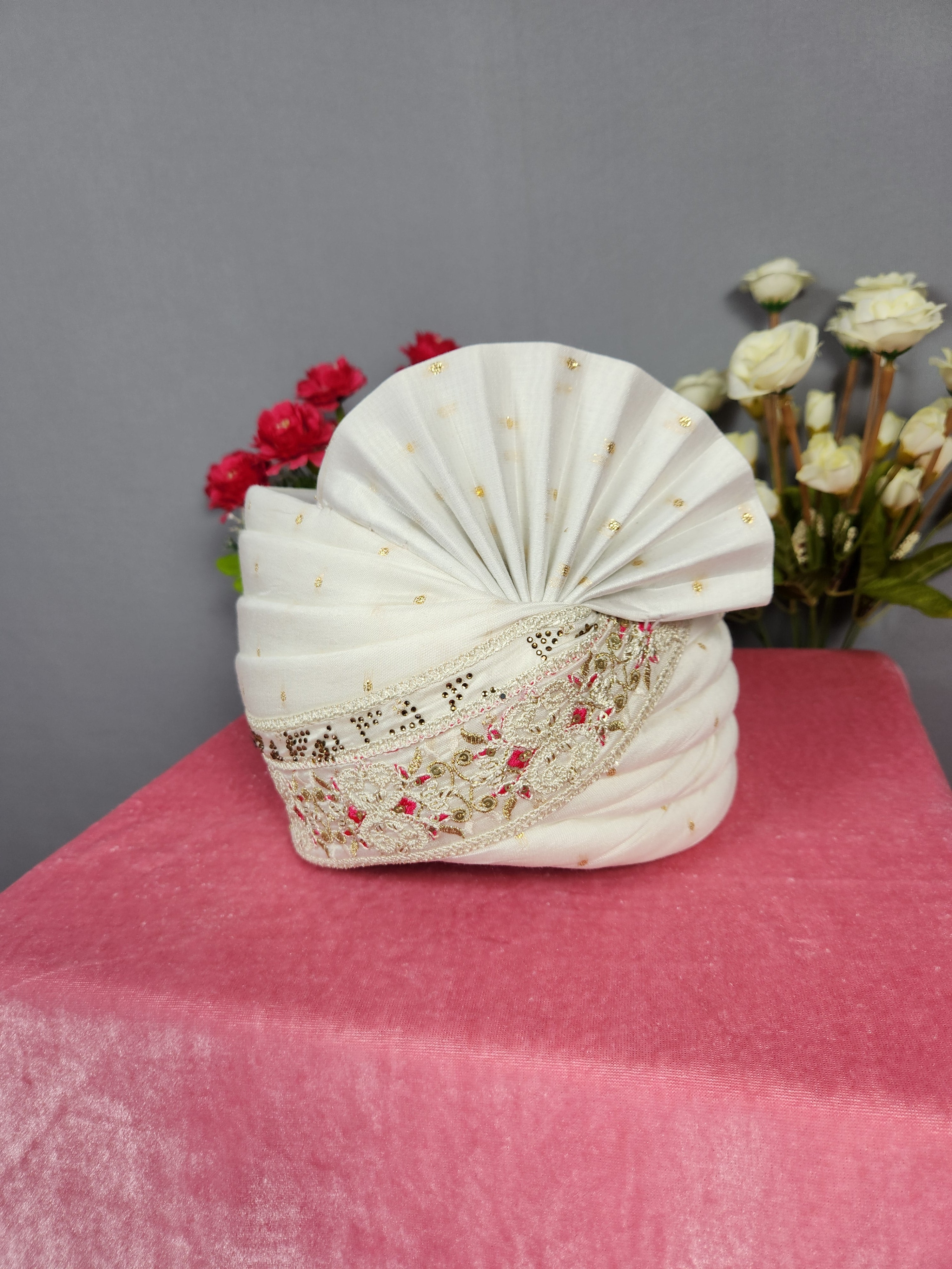 White Groom Turban Shawl With Magenta Accent | Dupatta Safa Set For Men