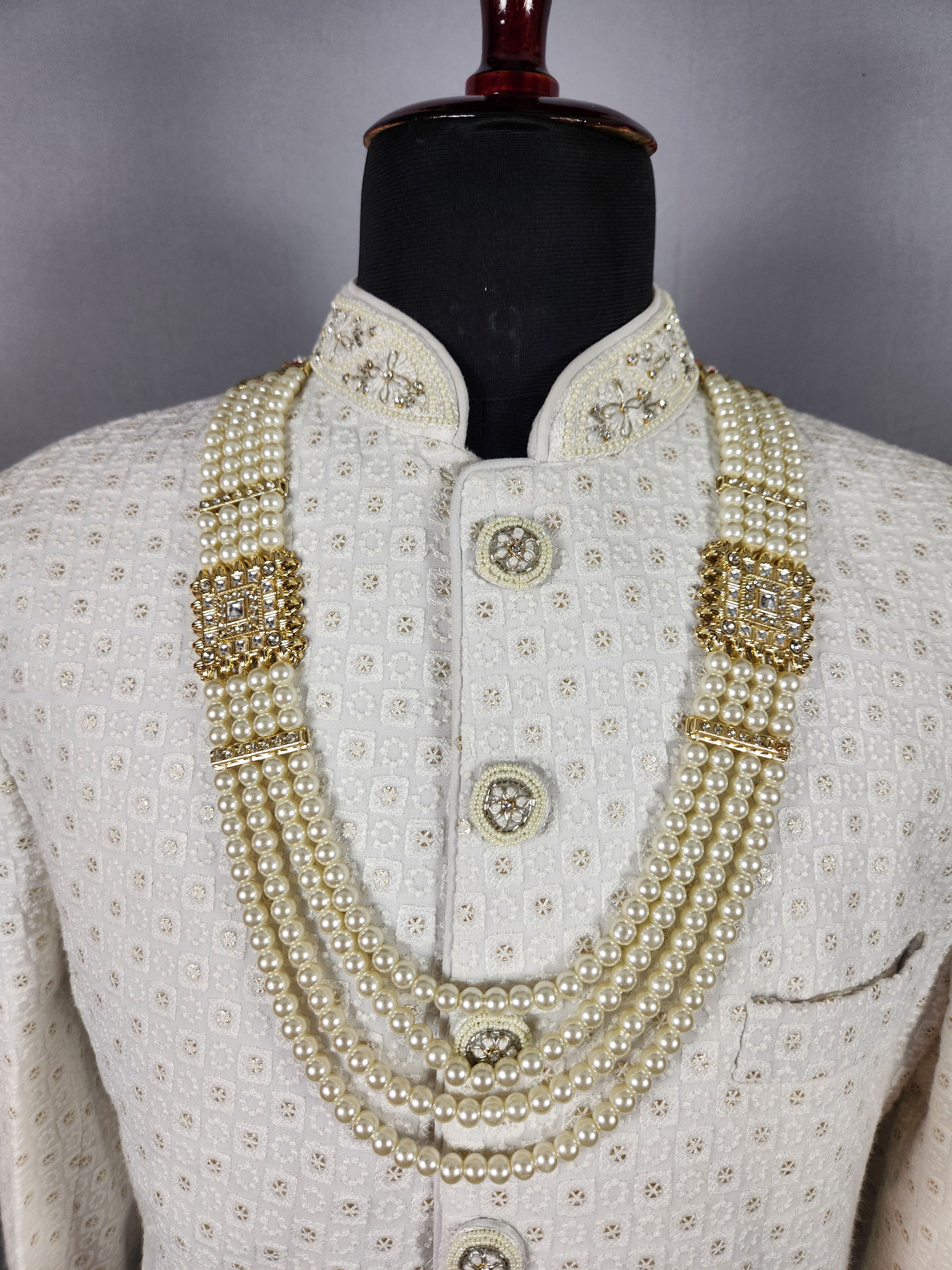 White Pearl Necklace Groom - Diamond Brooch | Wedding Mala For Sherwani