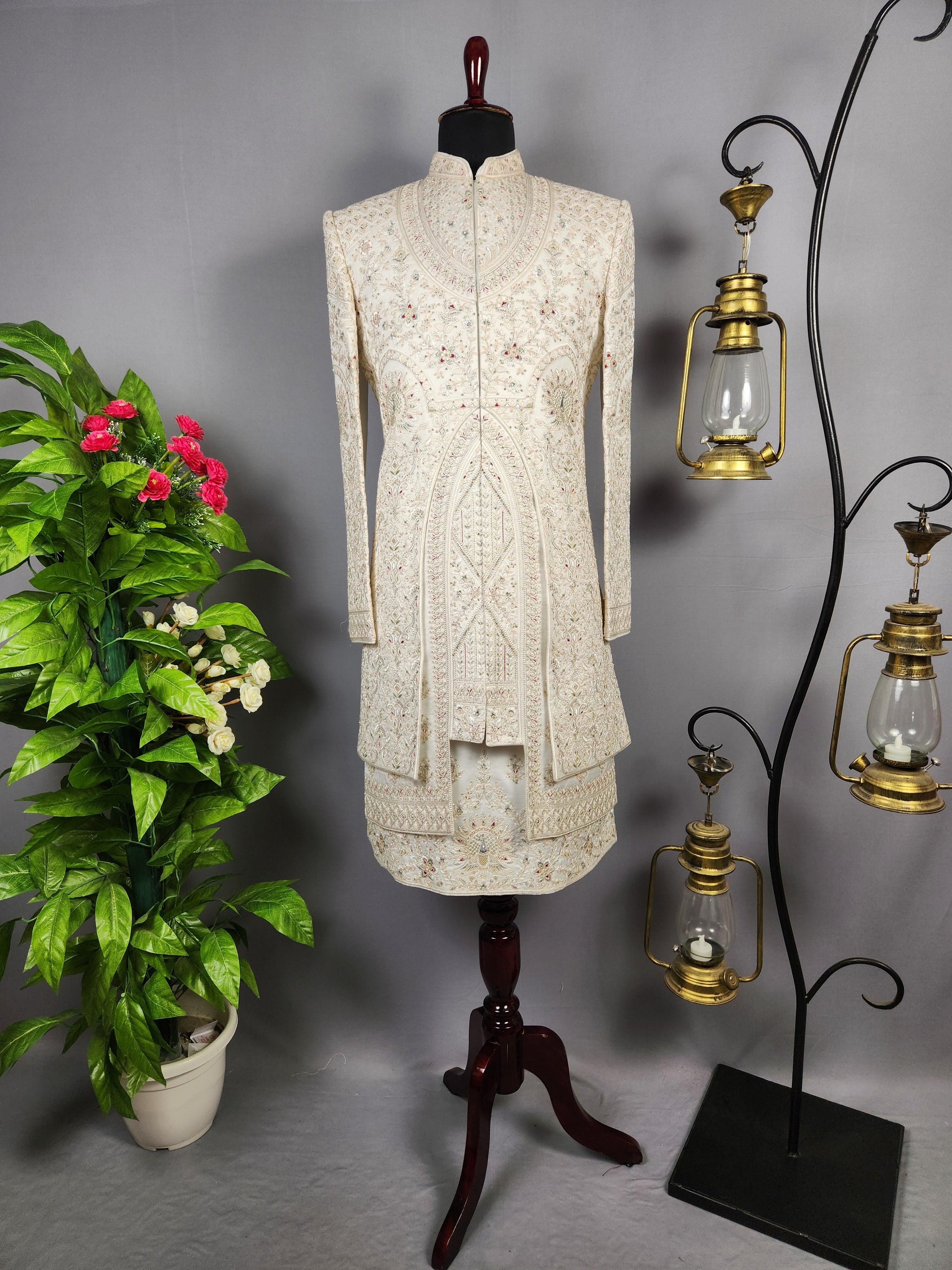 White Sherwani for Groom Peacock Design -   Indian Wedding Outfit for Men