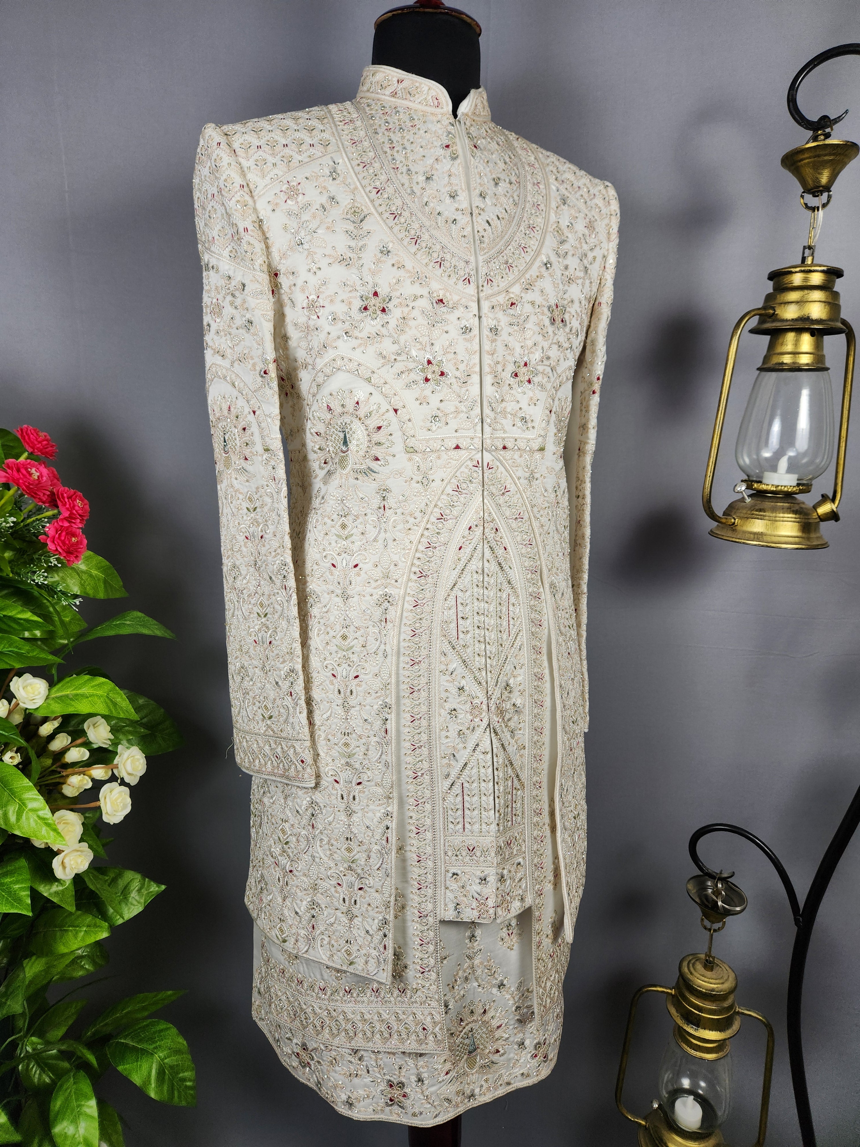 White Sherwani for Groom Peacock Design -   Indian Wedding Outfit for Men