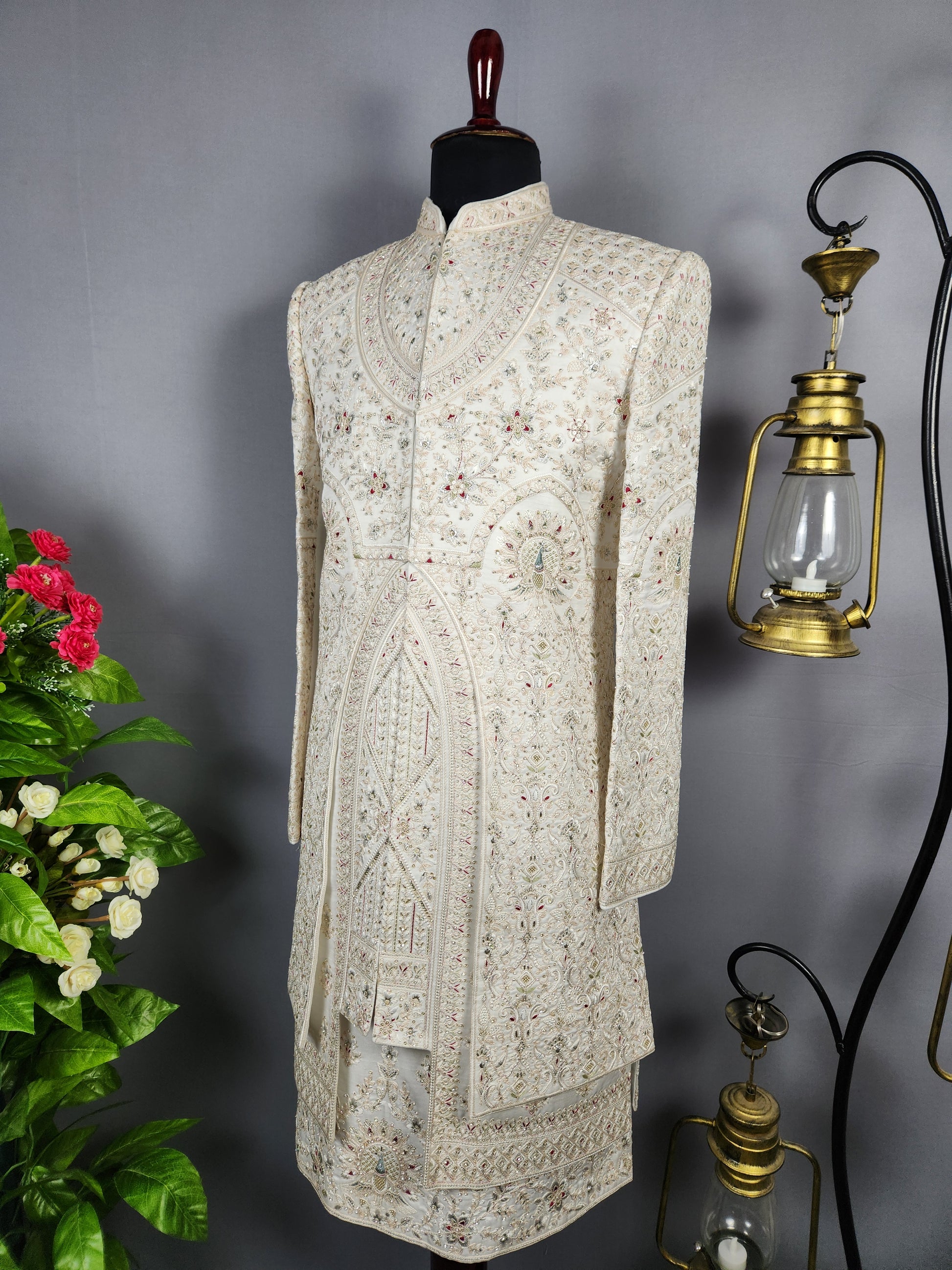 White Sherwani for Groom Peacock Design -   Indian Wedding Outfit for Men