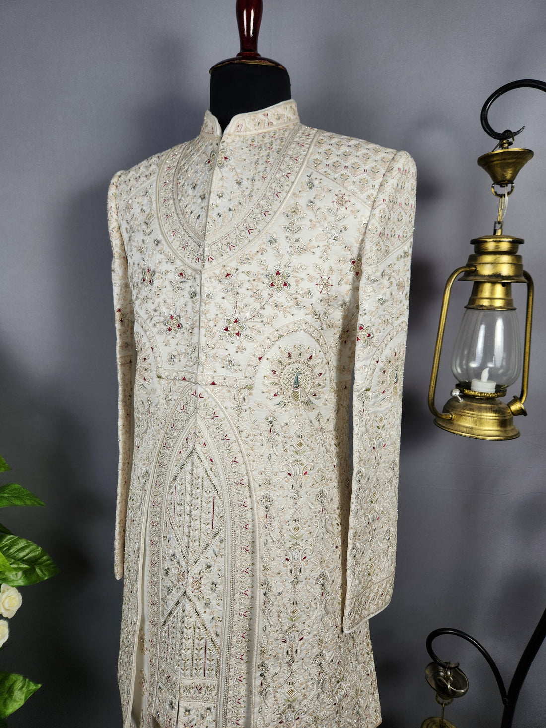 White Sherwani for Groom Peacock Design -   Indian Wedding Outfit for Men