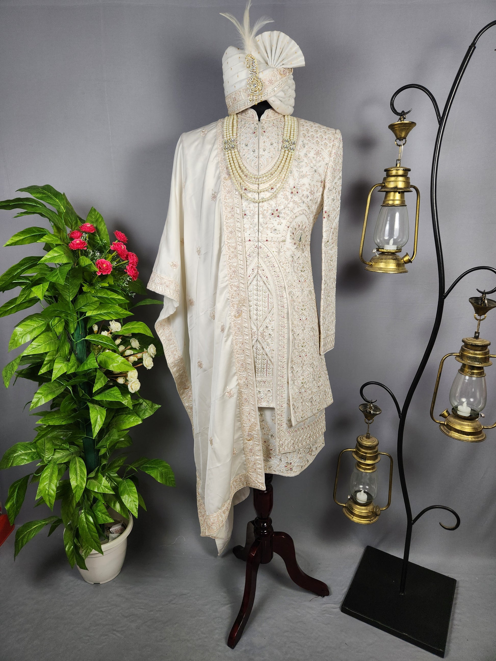 White Sherwani for Groom Peacock Design -   Indian Wedding Outfit for Men