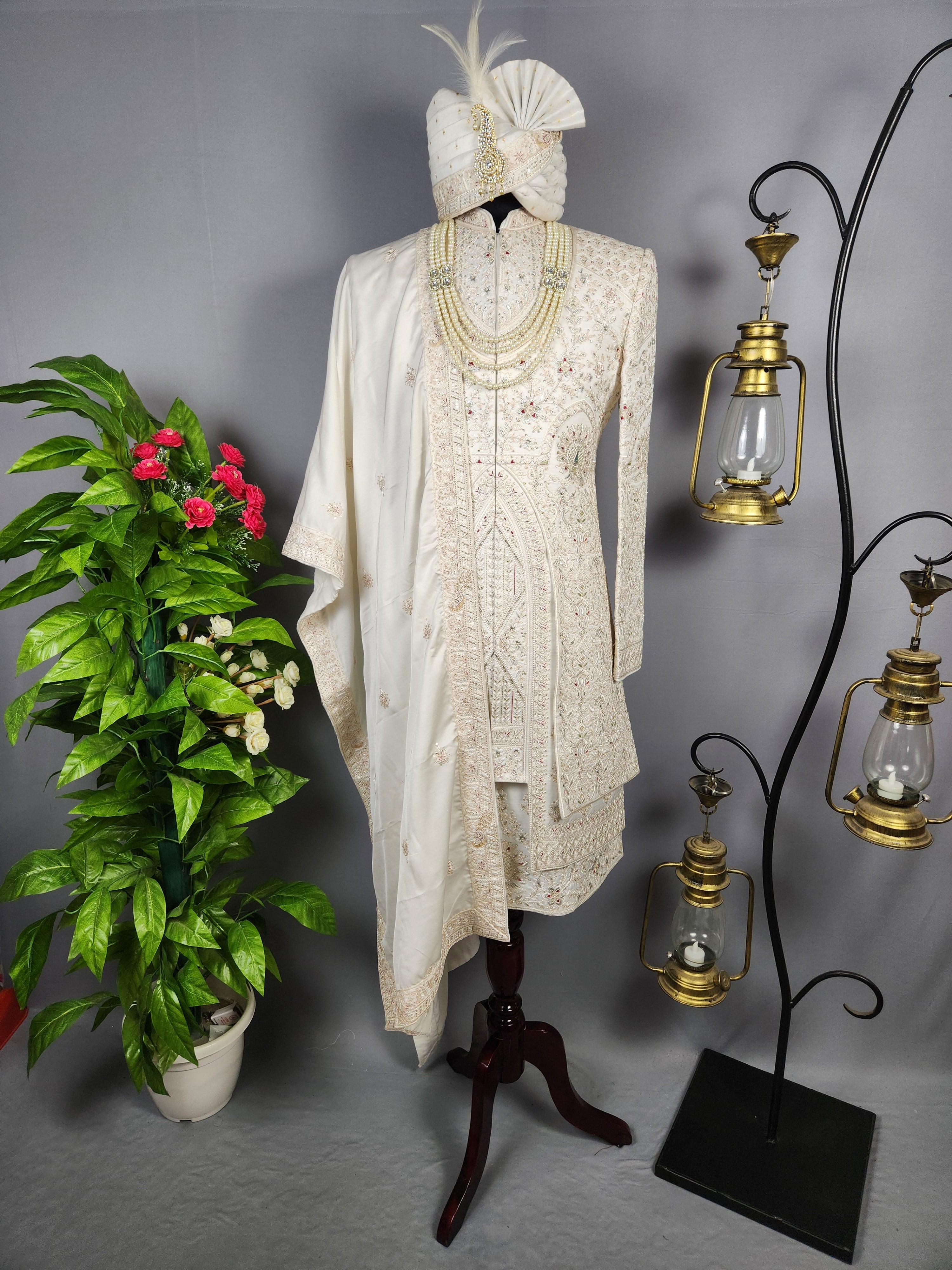 White Sherwani for Groom Peacock Design -   Indian Wedding Outfit for Men