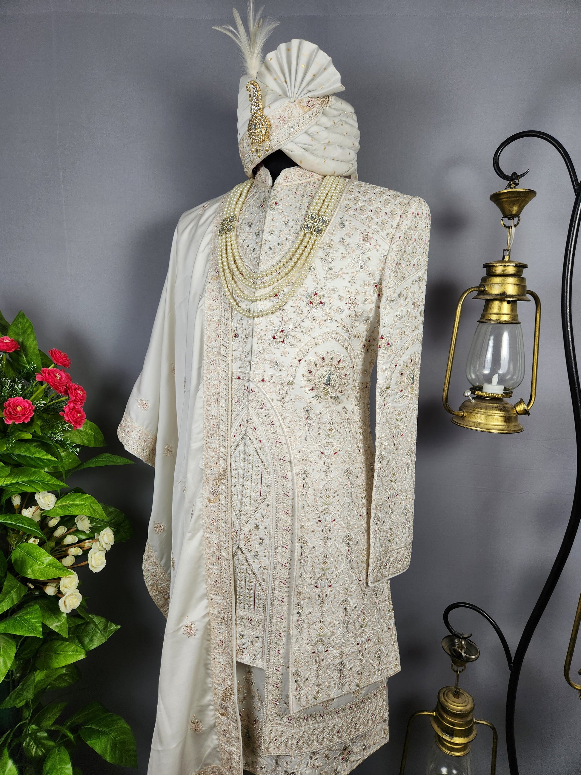 White Sherwani for Groom Peacock Design -   Indian Wedding Outfit for Men
