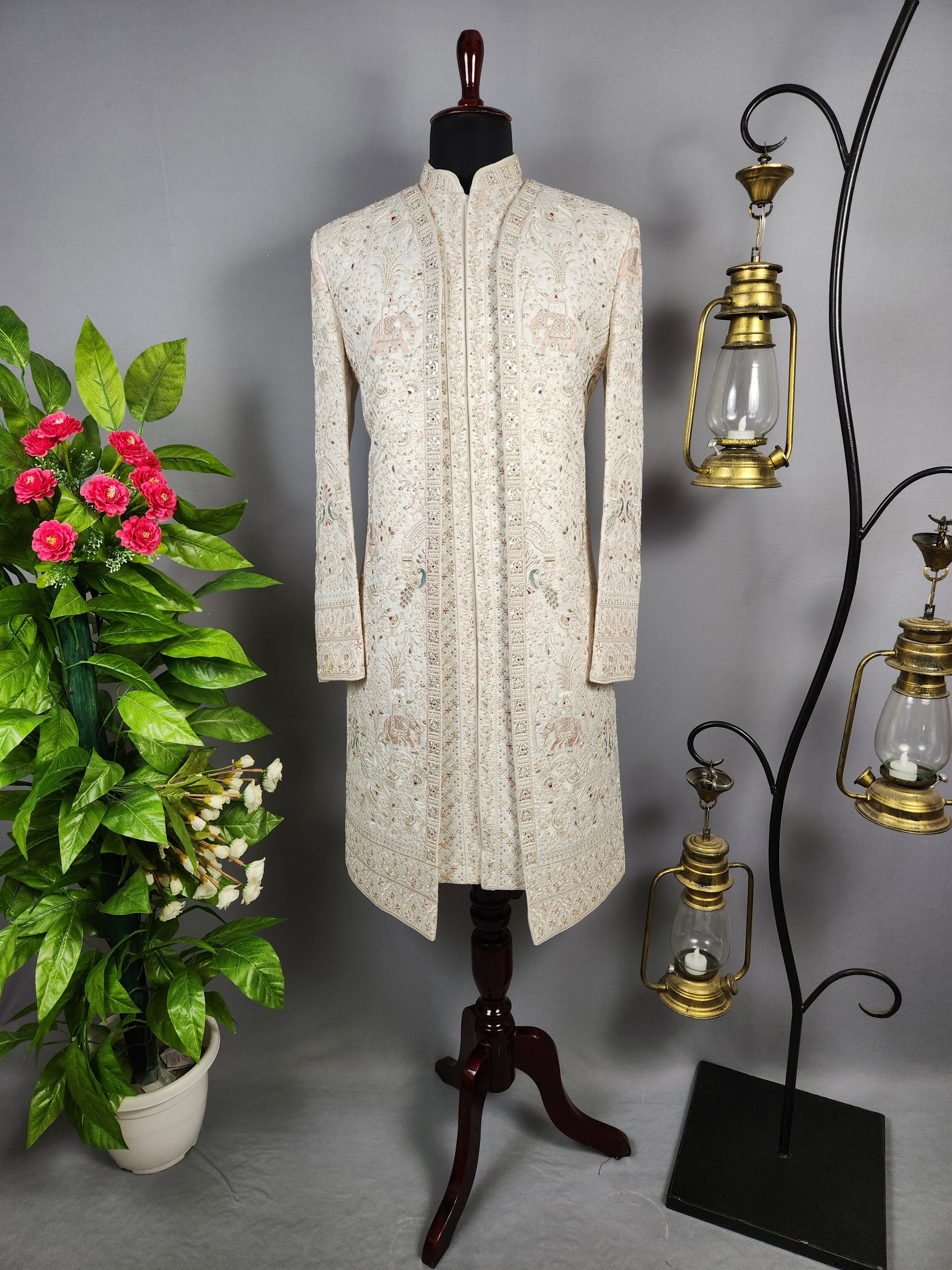 White Sherwani for Groom Peacock Design -   Indian Wedding Outfit for Men