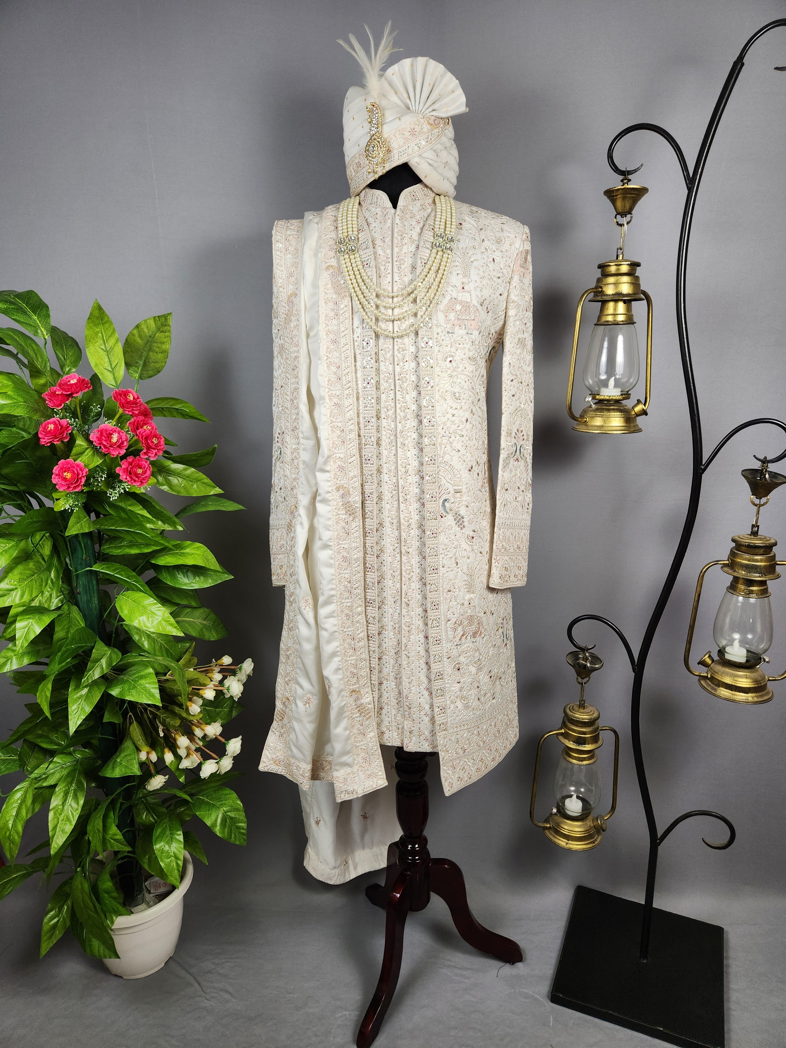 White Sherwani for Groom Peacock Design -   Indian Wedding Outfit for Men