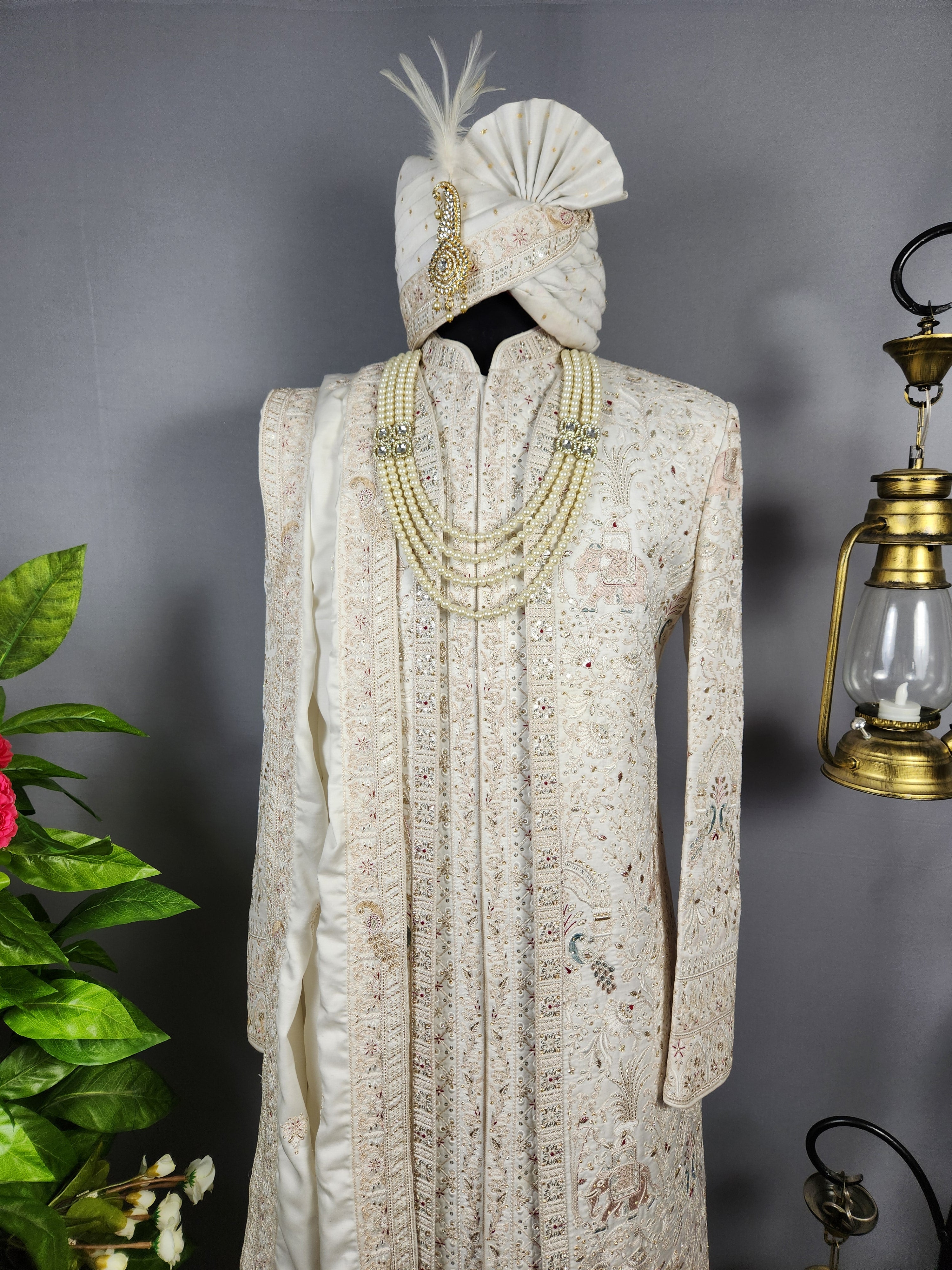 White Sherwani for Groom Peacock Design -   Indian Wedding Outfit for Men