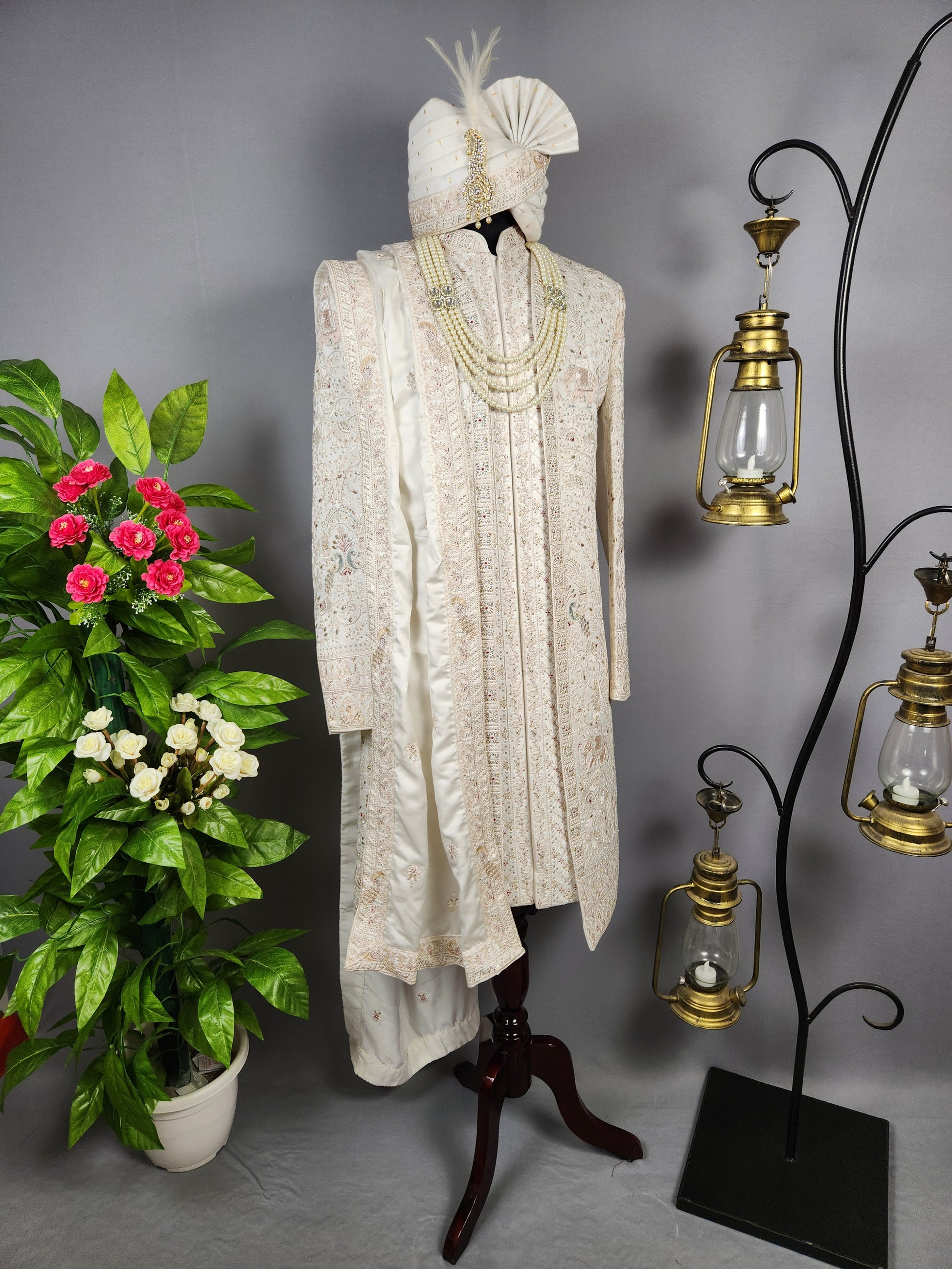 White Sherwani for Groom Peacock Design -   Indian Wedding Outfit for Men