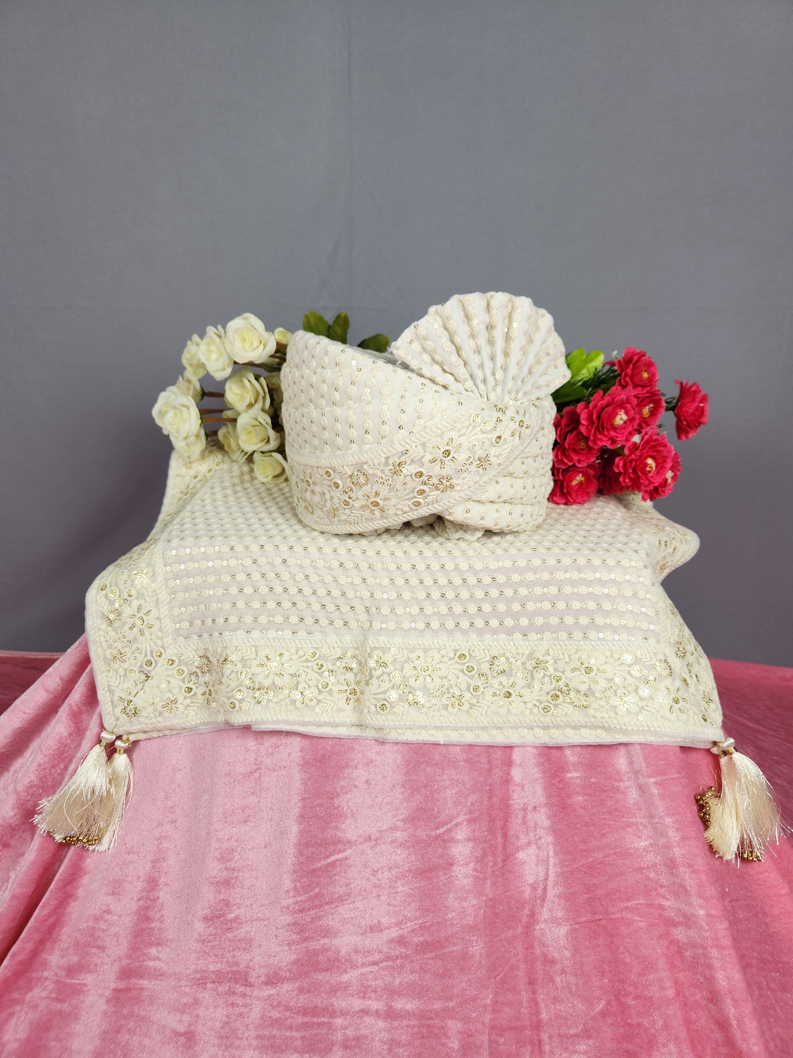 White Groom Turban Shawl Set |  Dupatta Safa Set For Men