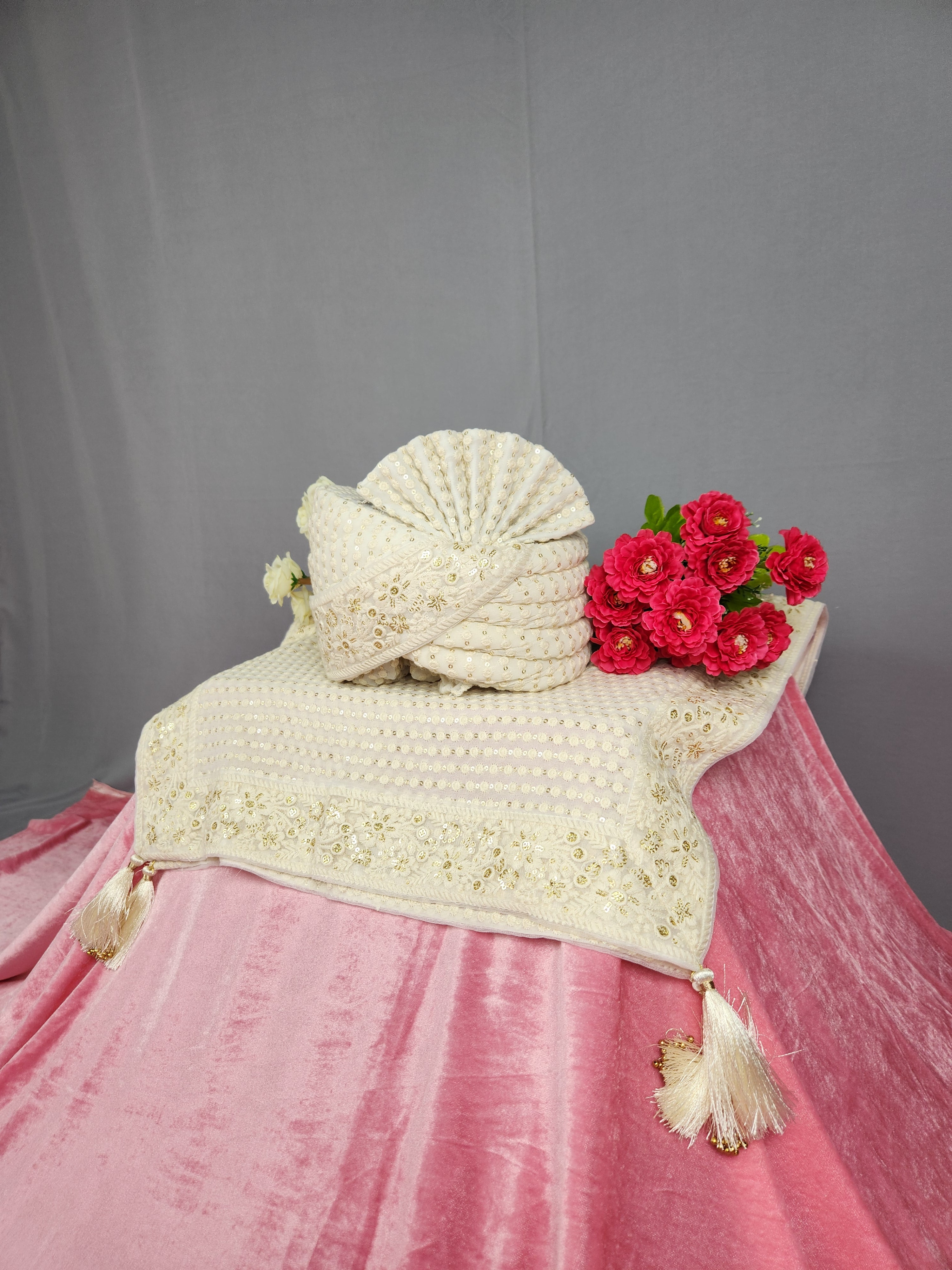 White Groom Turban Shawl Set |  Dupatta Safa Set For Men