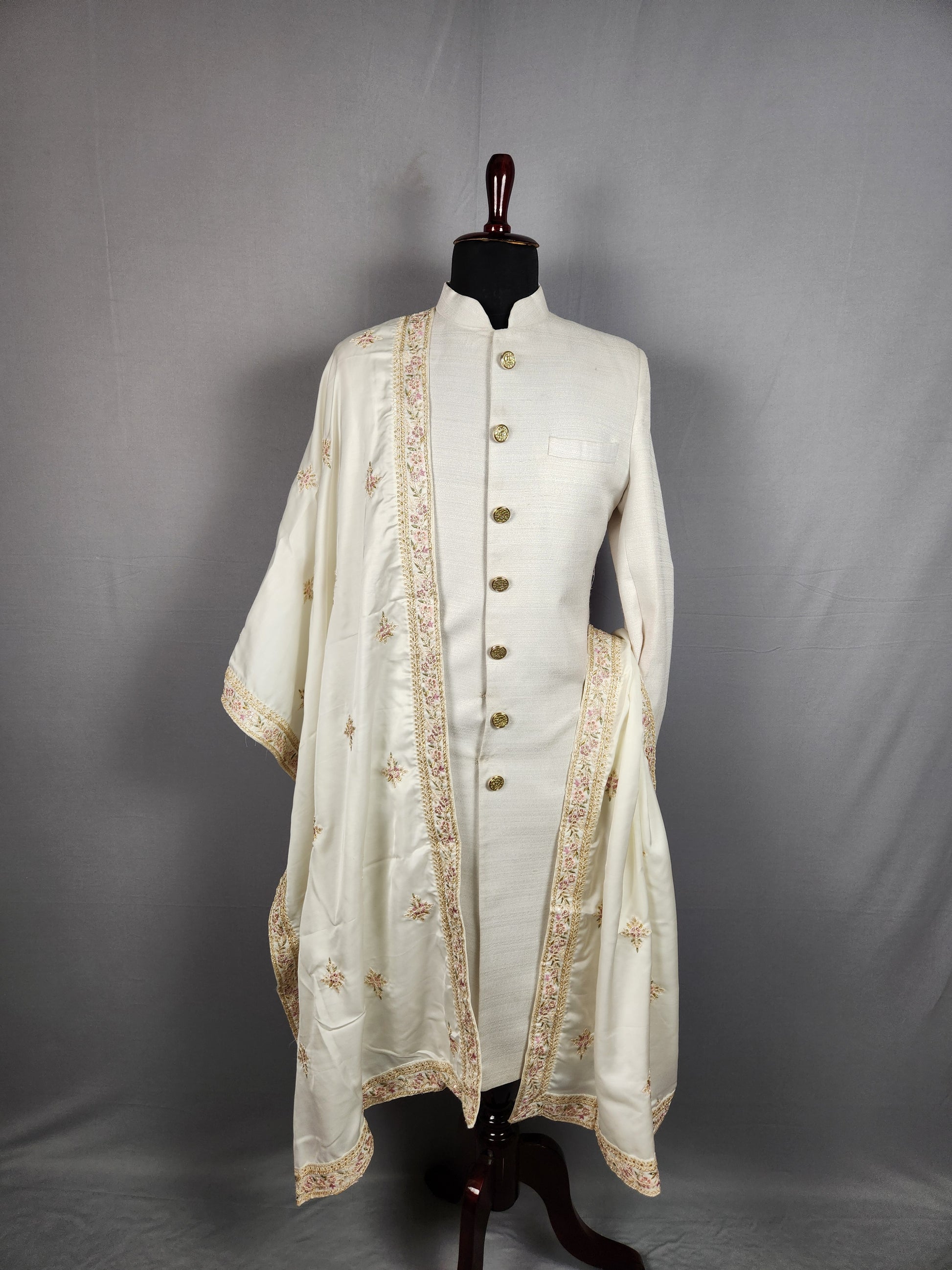 White Groom Shawl with Silk Thread Embroidery