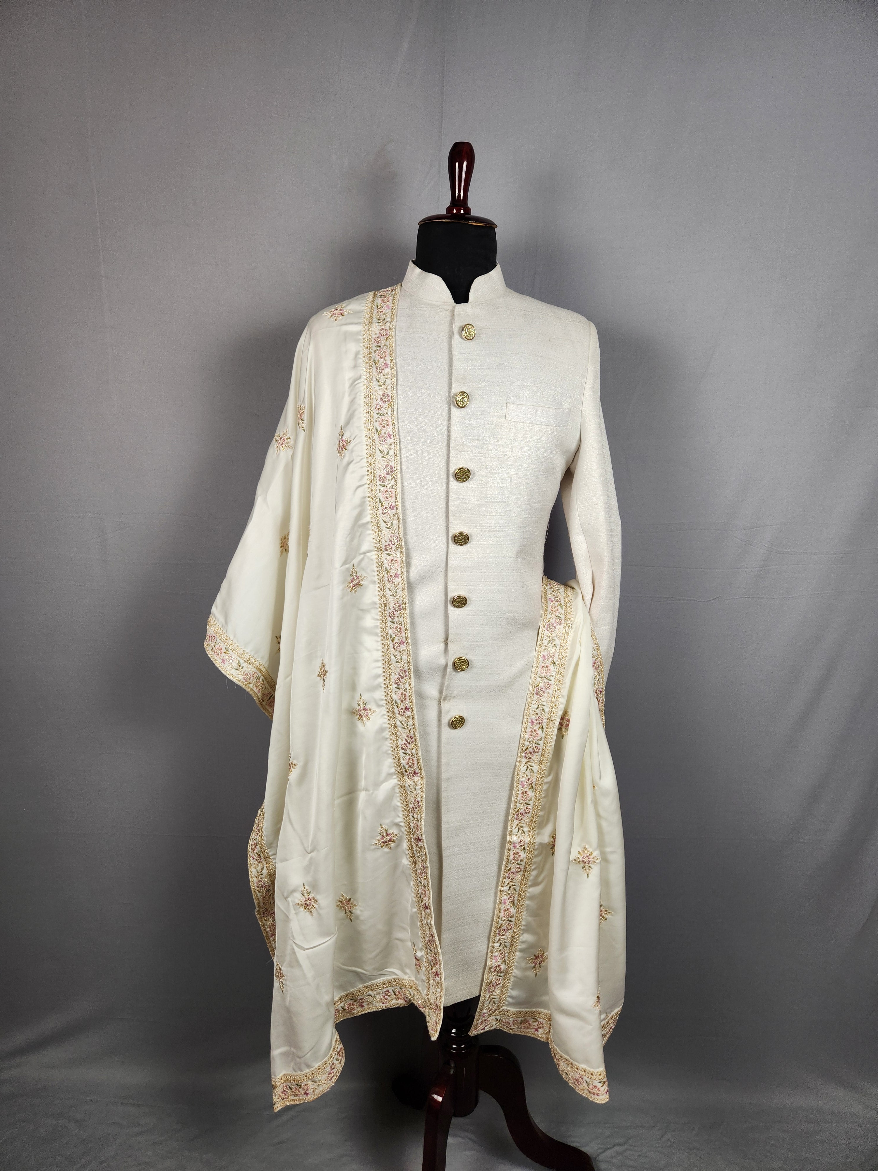 White Groom Shawl with Silk Thread Embroidery