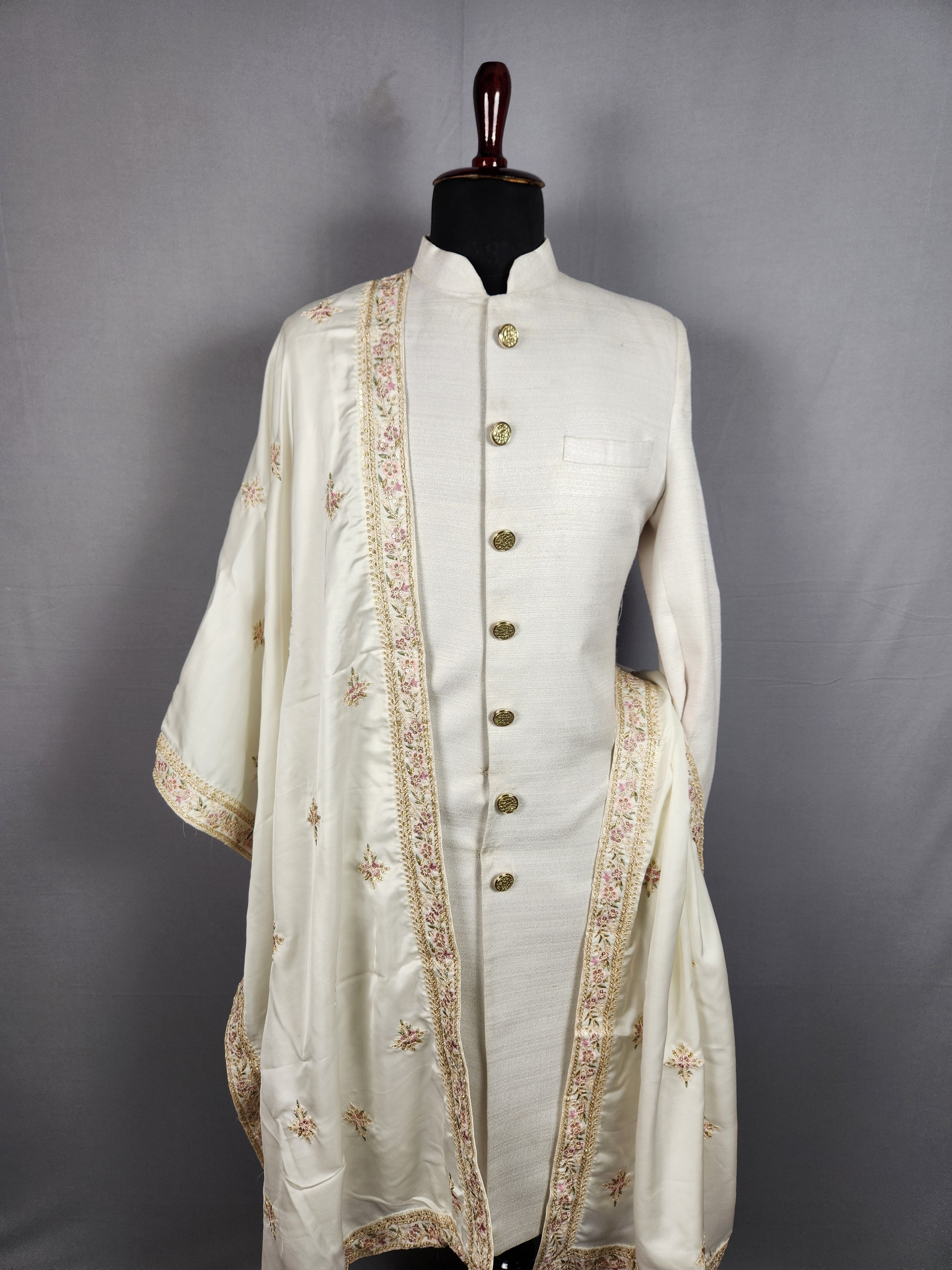 White Groom Shawl with Silk Thread Embroidery
