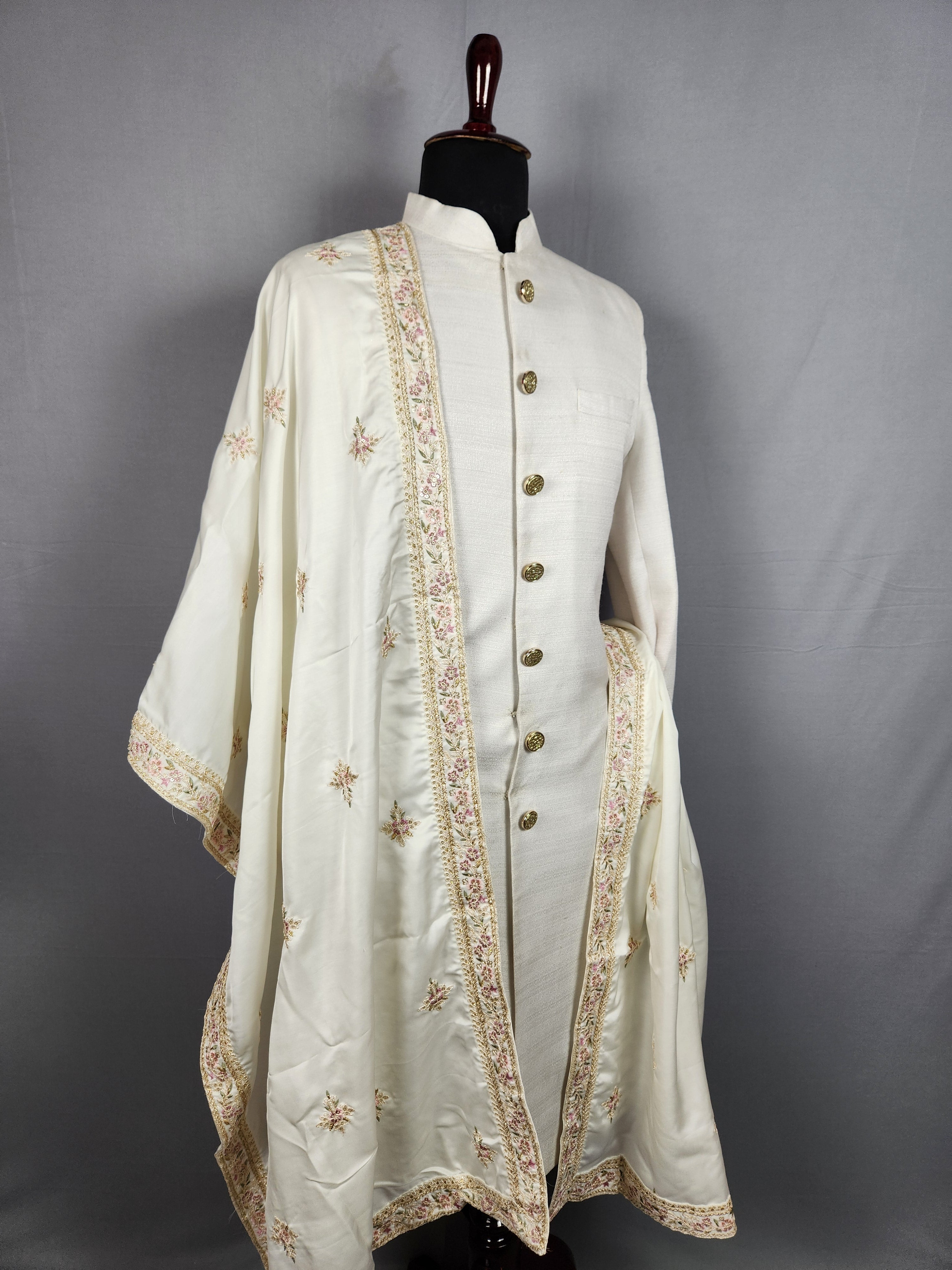 White Groom Shawl with Silk Thread Embroidery