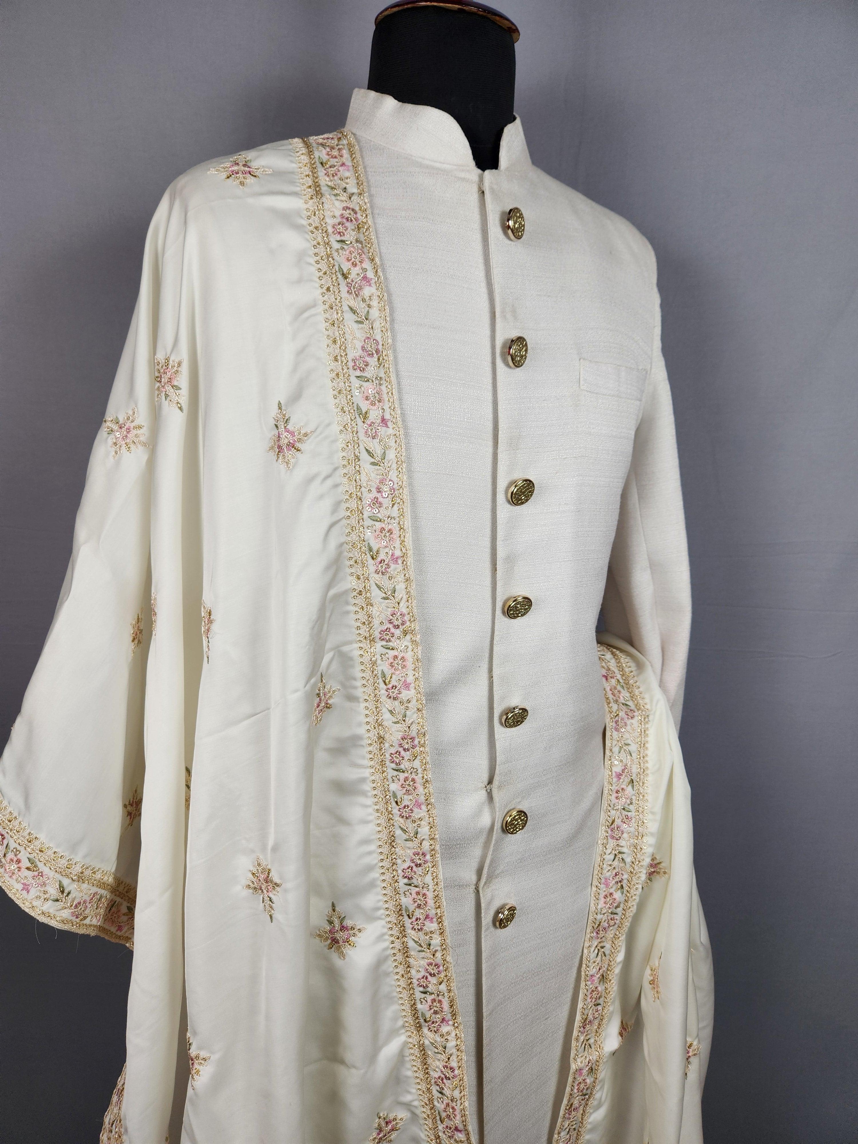 White Groom Shawl with Silk Thread Embroidery