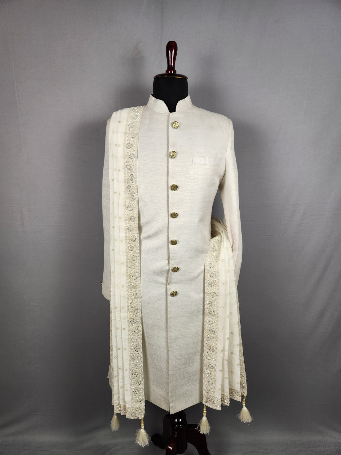 White Groom Shawl with Pearl and Zarkan Work