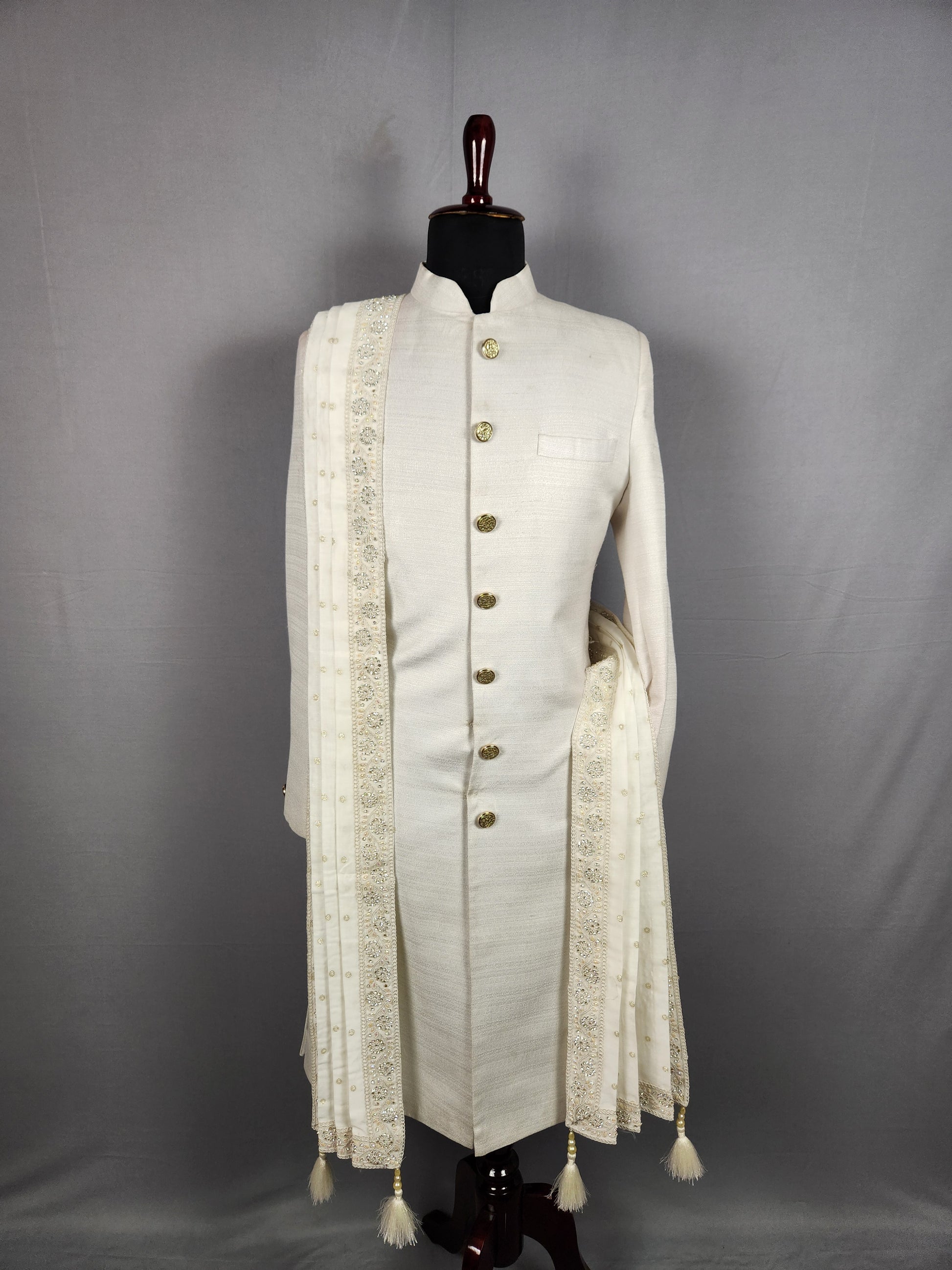 White Groom Shawl with Pearl and Zarkan Work