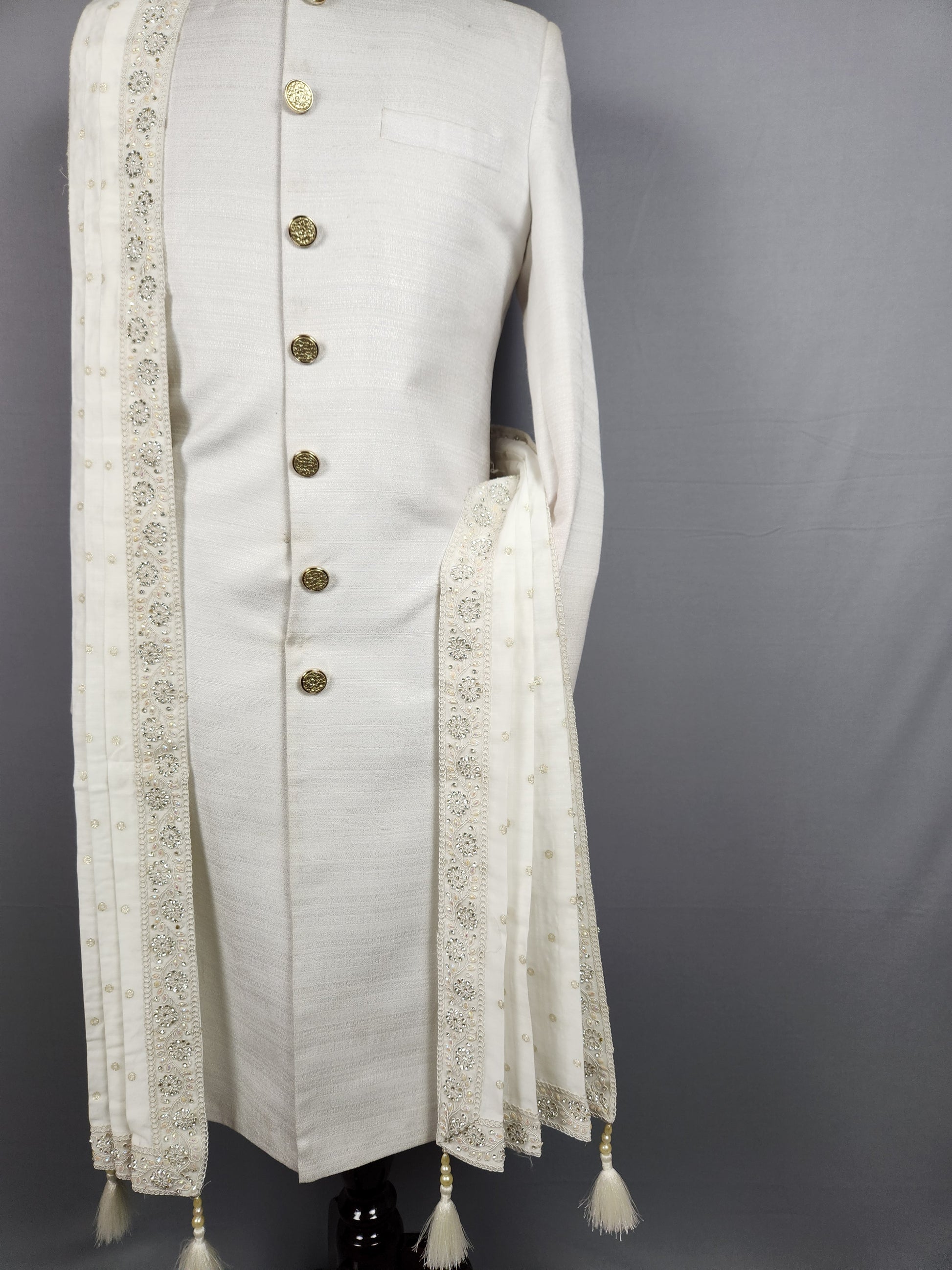 White Groom Shawl with Pearl and Zarkan Work