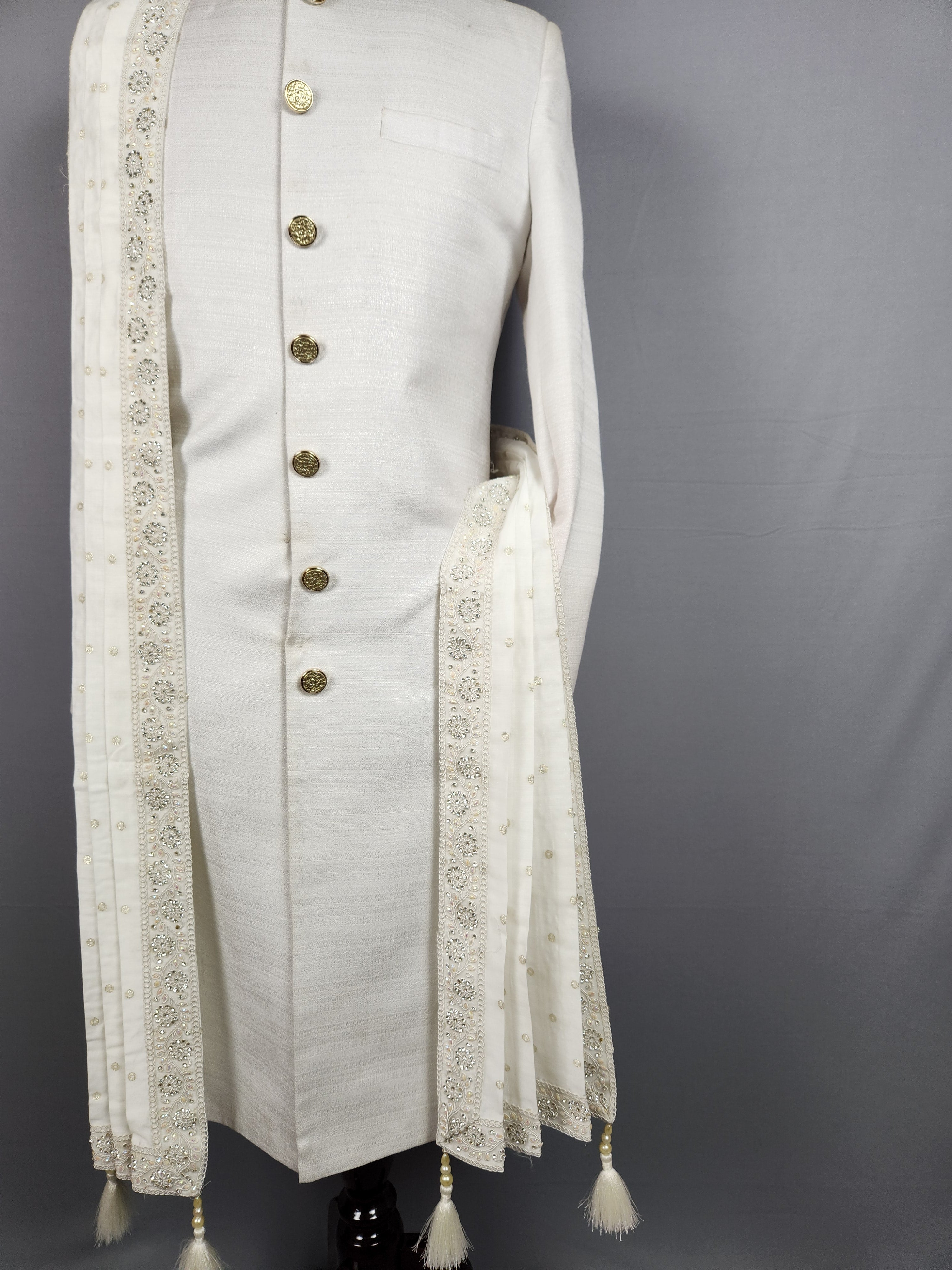 White Groom Shawl with Pearl and Zarkan Work