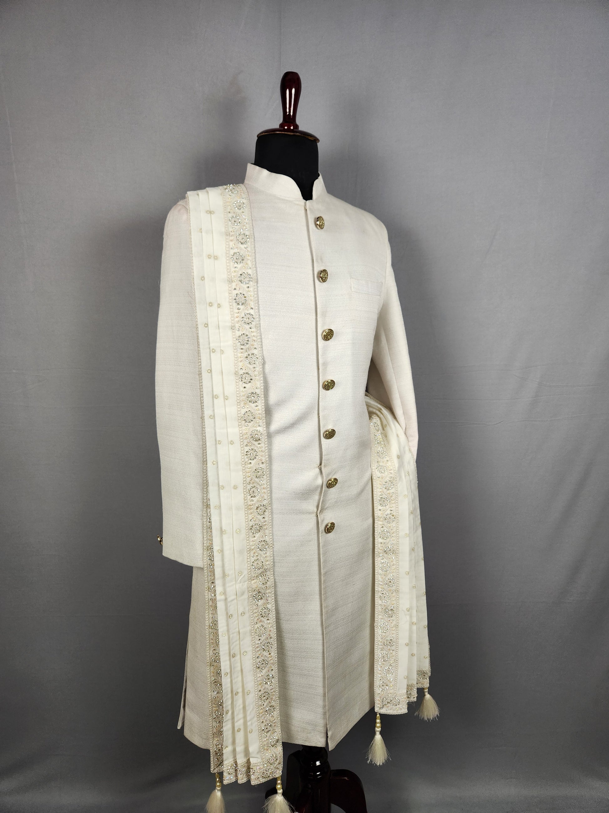 White Groom Shawl with Pearl and Zarkan Work