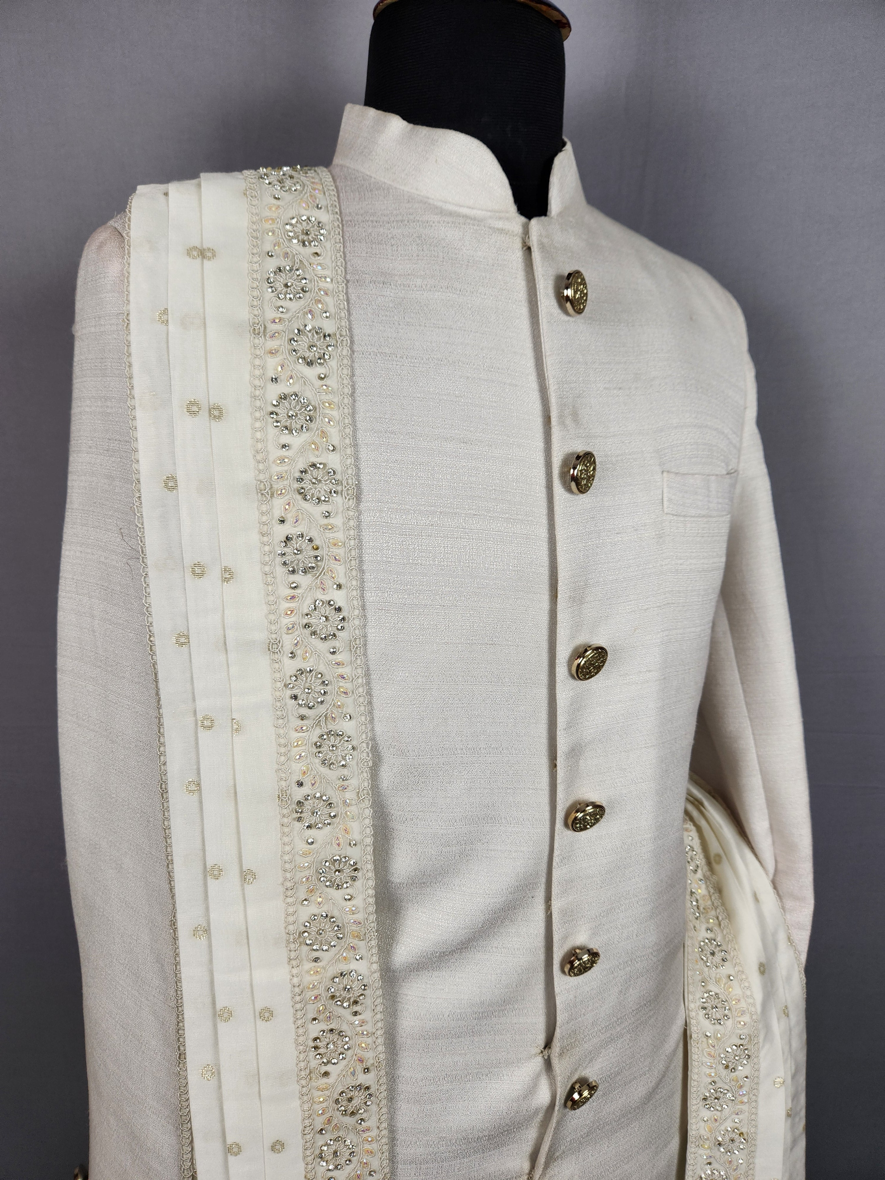 White Groom Shawl with Pearl and Zarkan Work