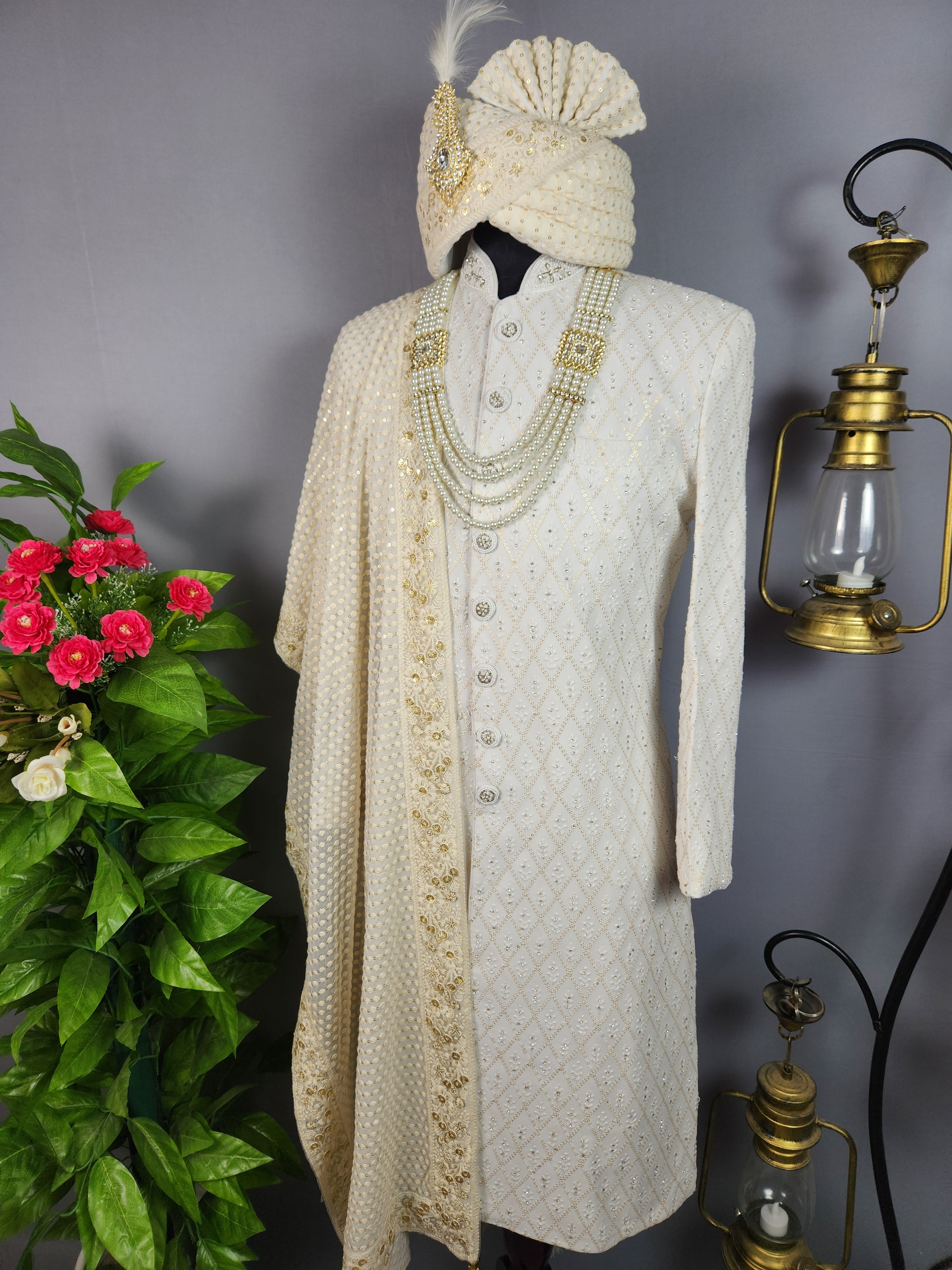 White Sherwani for Groom  -   Indian Wedding Outfit for Men