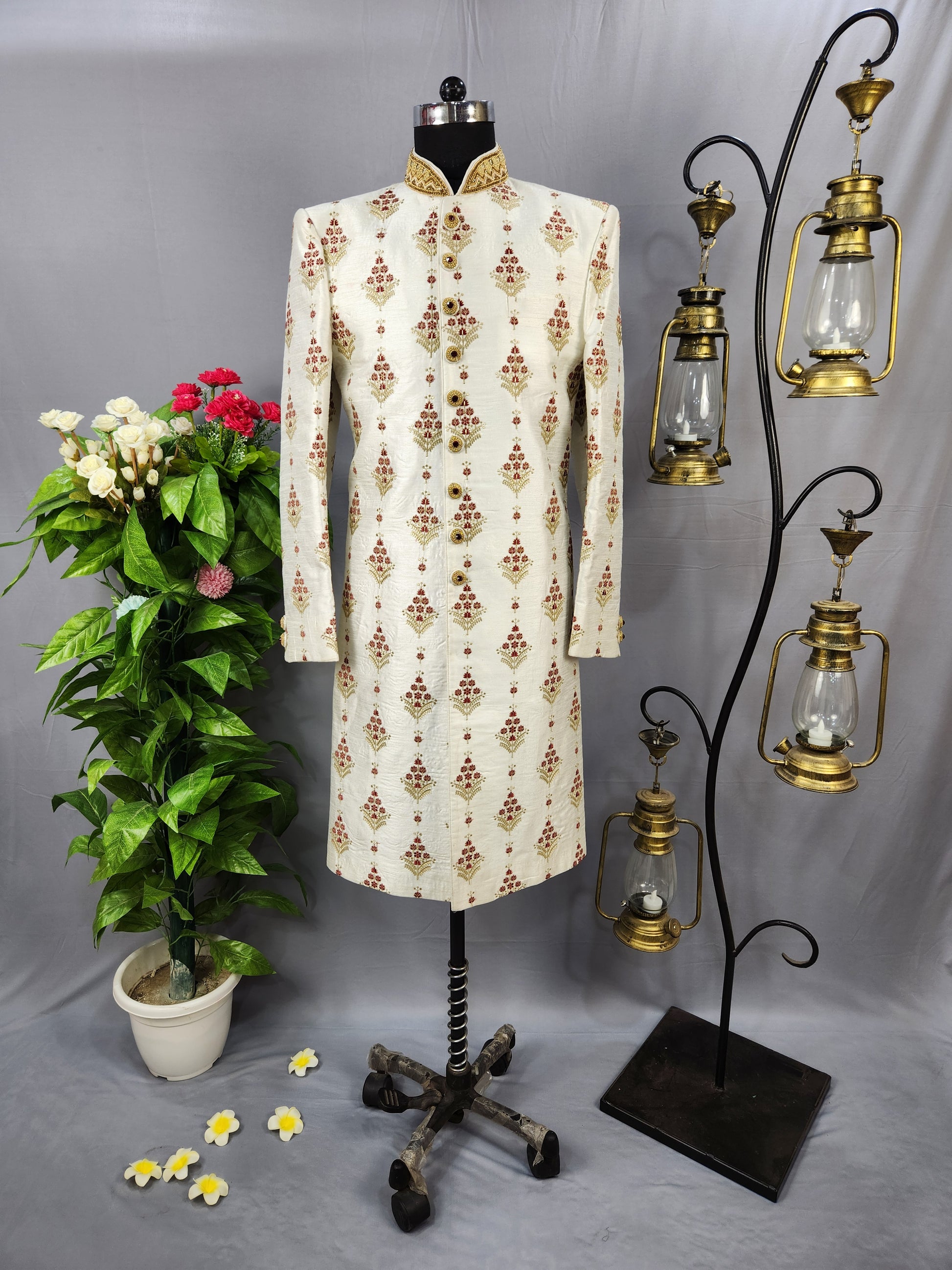 White Wedding Groom Sherwani  with Red Floral embroidery