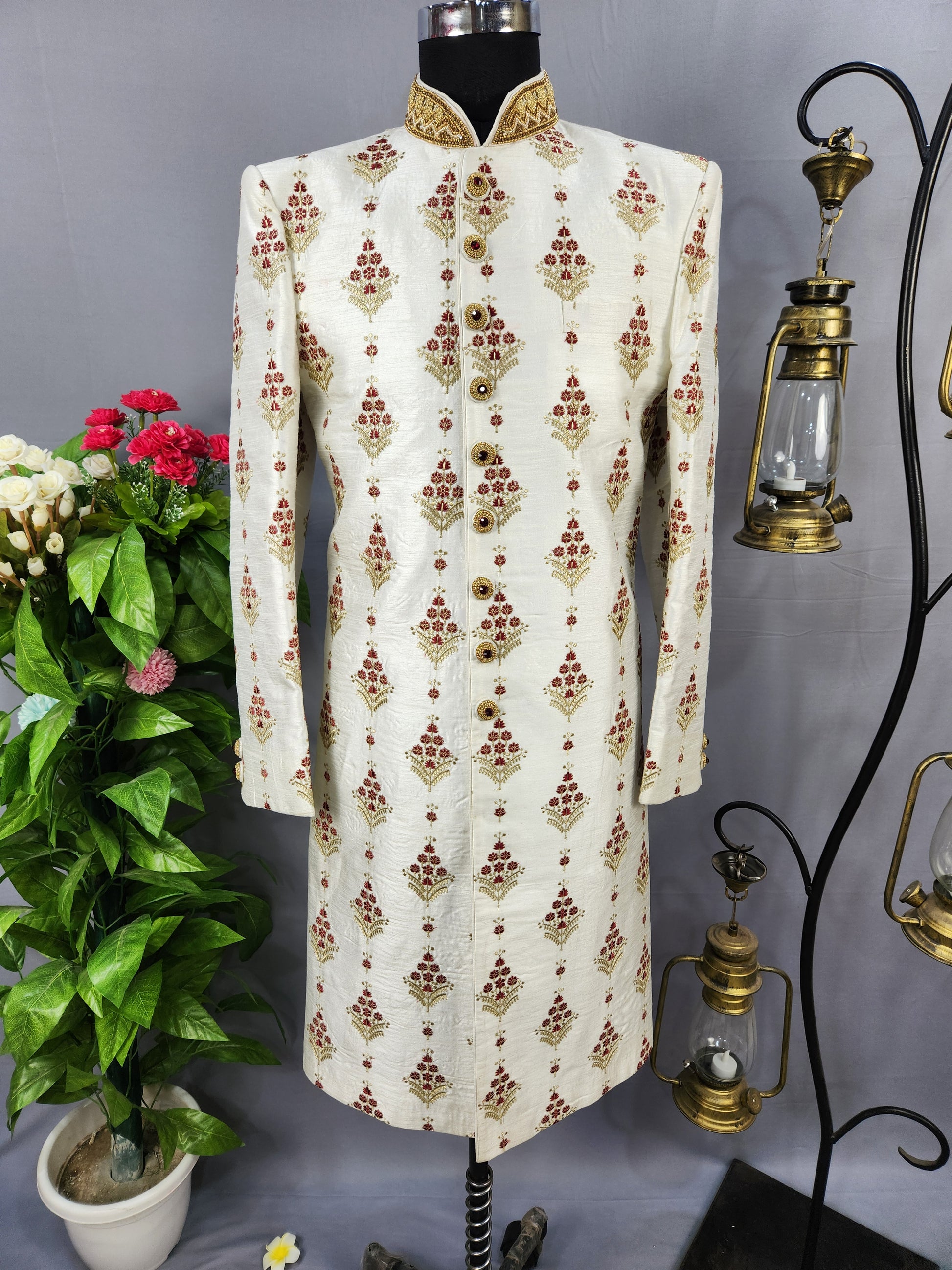 White Wedding Groom Sherwani  with Red Floral embroidery