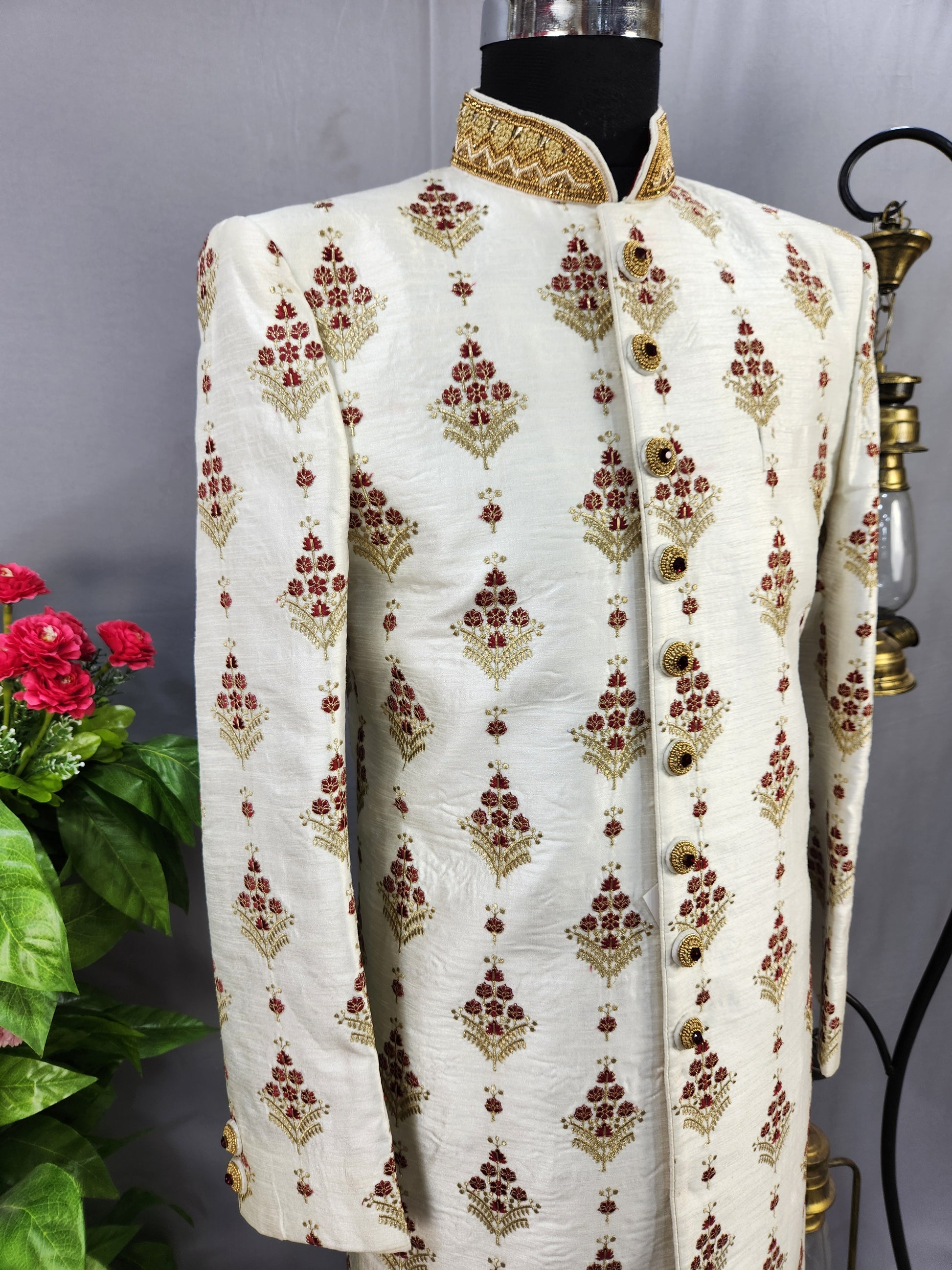 White Wedding Groom Sherwani  with Red Floral embroidery